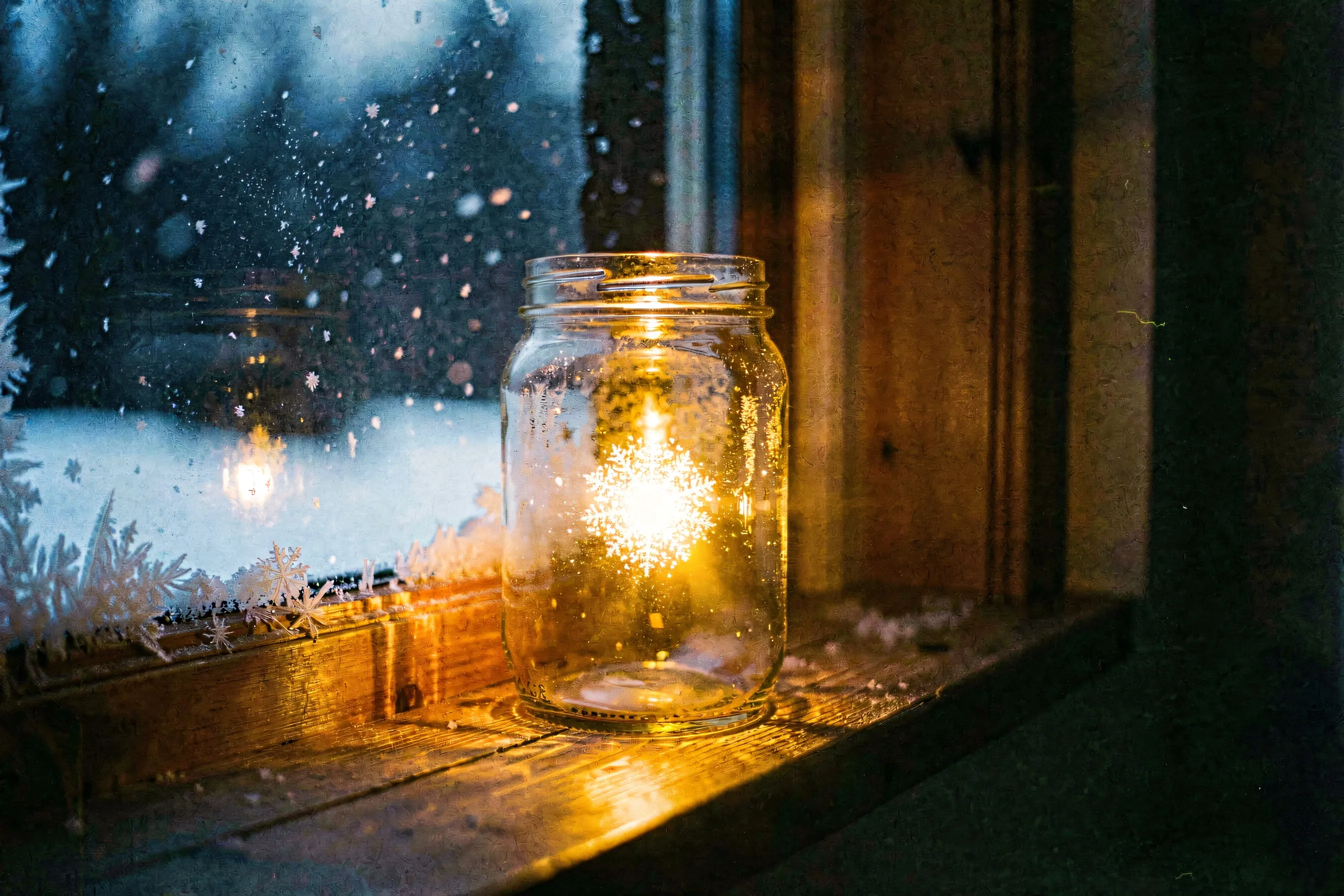 A glass jar on a winter windowsill holding a warm glowing light, snow falling outside against the dark glass