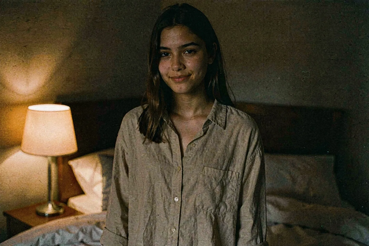 A composed young woman in a loose shirt standing at the edge of a bed in low lamplight, face calm and unreadable, a small knowing half-smile