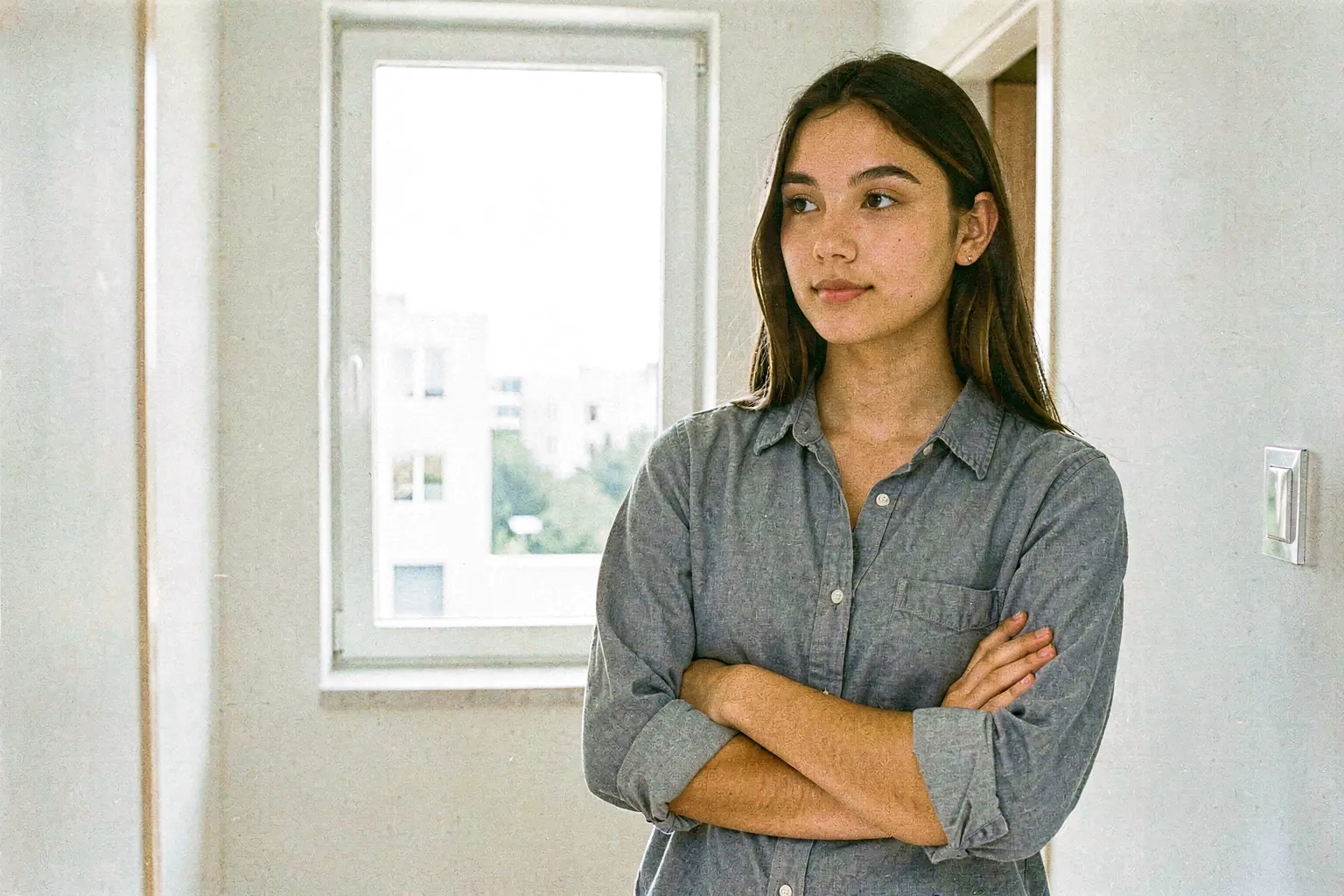 A composed young woman standing a little apart in a bright daytime hallway, arms loosely crossed, face calm and unreadable but not cold, light through a window behind her