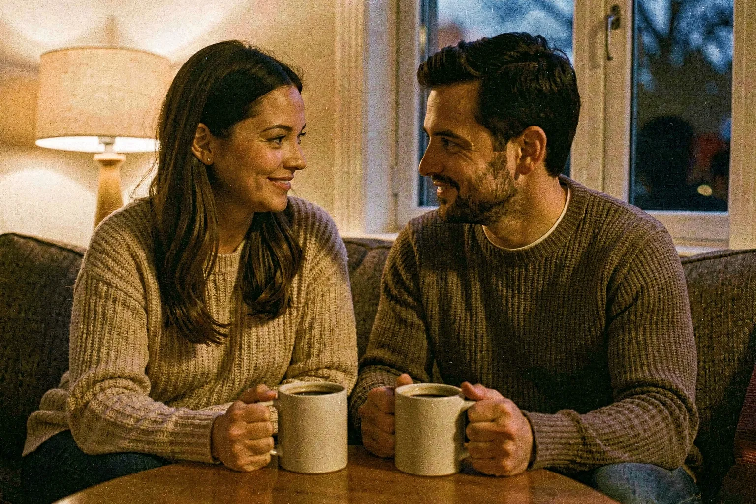 A woman and her partner sitting close on a sofa by an evening window, talking warmly over coffee with easy soft smiles, warm lamp glow