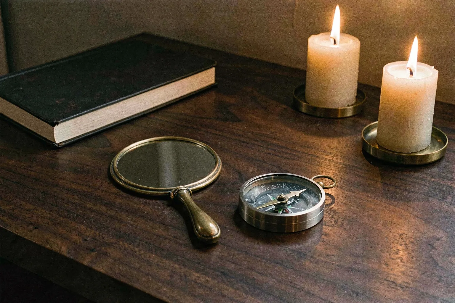 An astrologer’s desk still life at dusk: a small hand-mirror and a brushed-metal disc beside a closed notebook, a brass compass and two lit candles, no text or chart in view