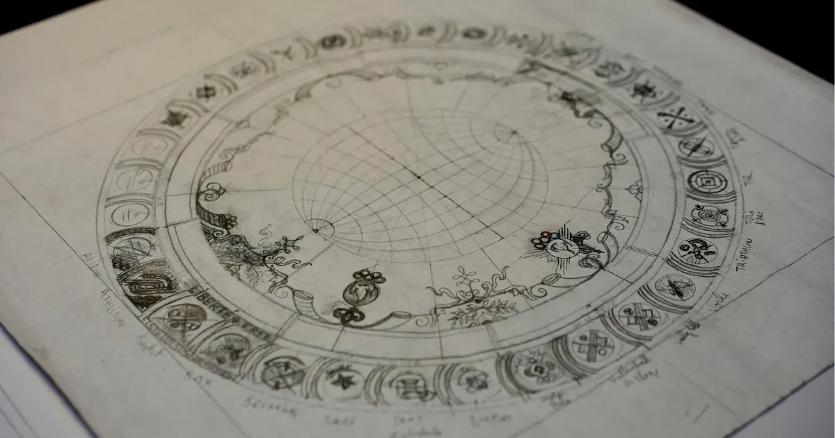 An astrological birth chart wheel with planetary glyphs and house lines, printed on paper