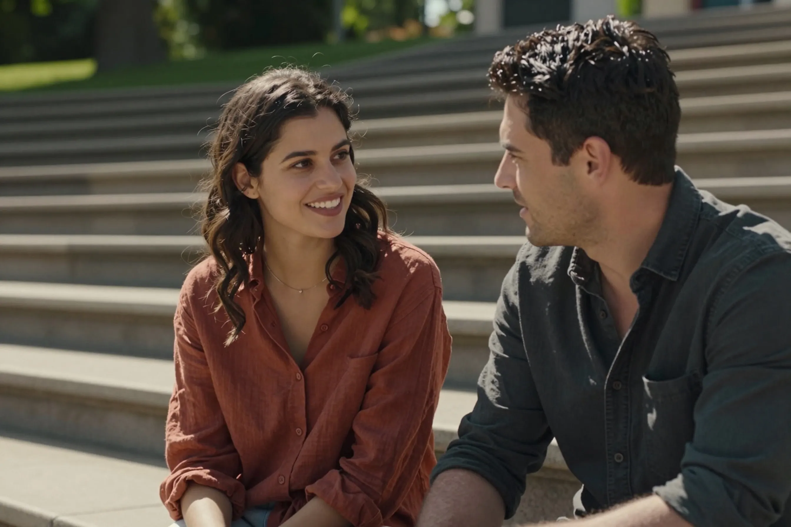 A woman in her late 20s and a man in his late 20s sharing direct eye contact on open-air stone amphitheater steps