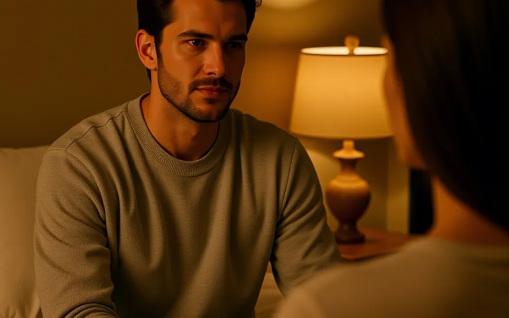 A man in a soft gray sweater sitting on the edge of a bed in warm lamplight, looking at a woman whose face is out of frame