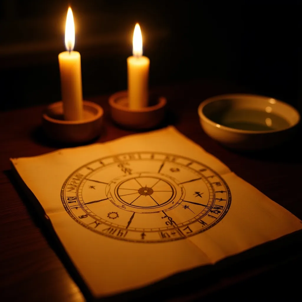 An antique natal chart wheel drawn in gold ink on aged parchment, lit by candles next to a bowl of water on a dark desk