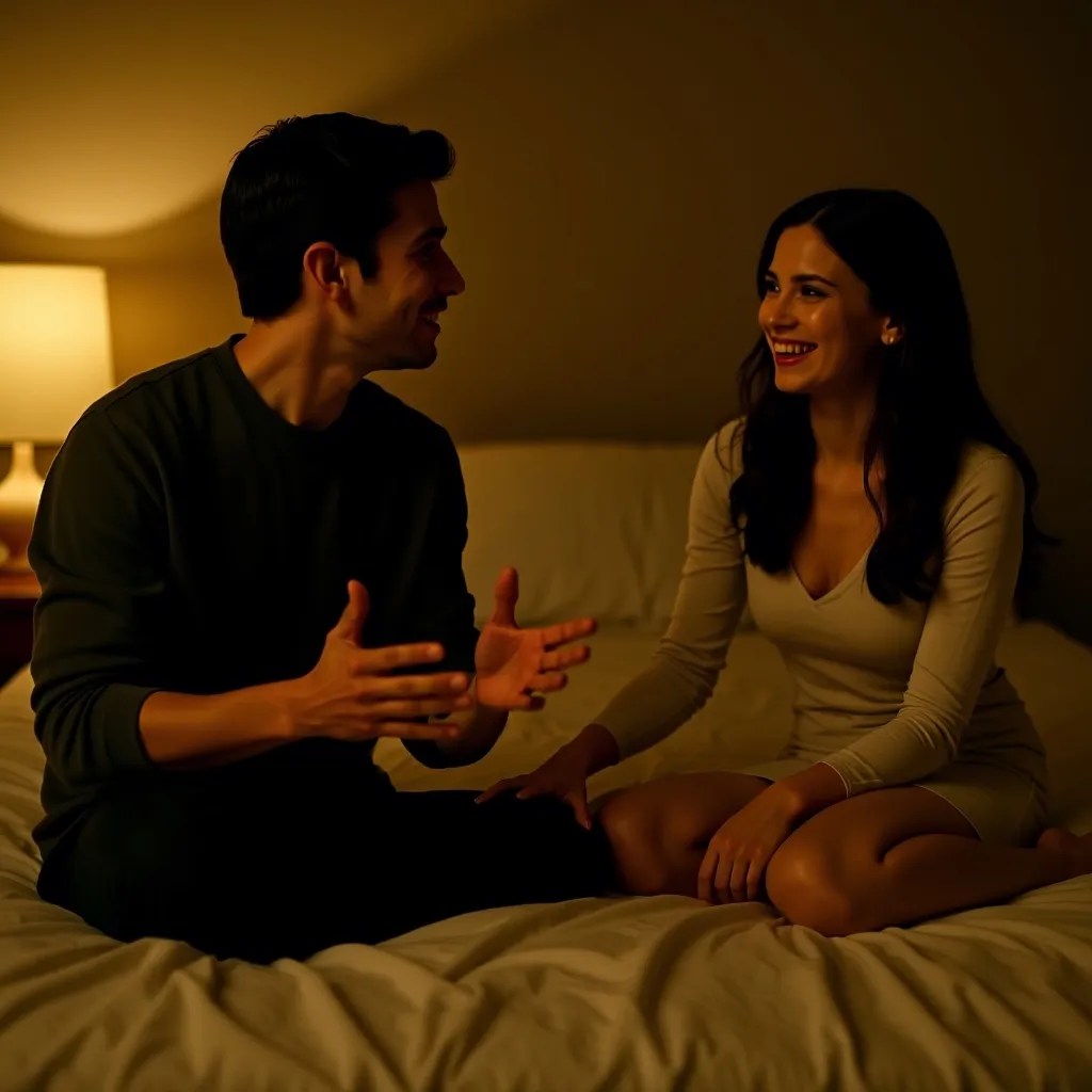 A man and a woman sitting on a bed facing each other, both leaning in and laughing mid-conversation in warm lamplight
