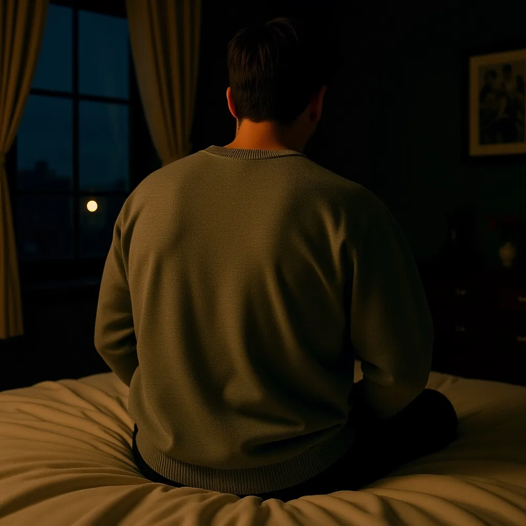 A man seen from behind sitting cross-legged on a bed in a dim bedroom, facing a dark window at dusk, his posture closed off