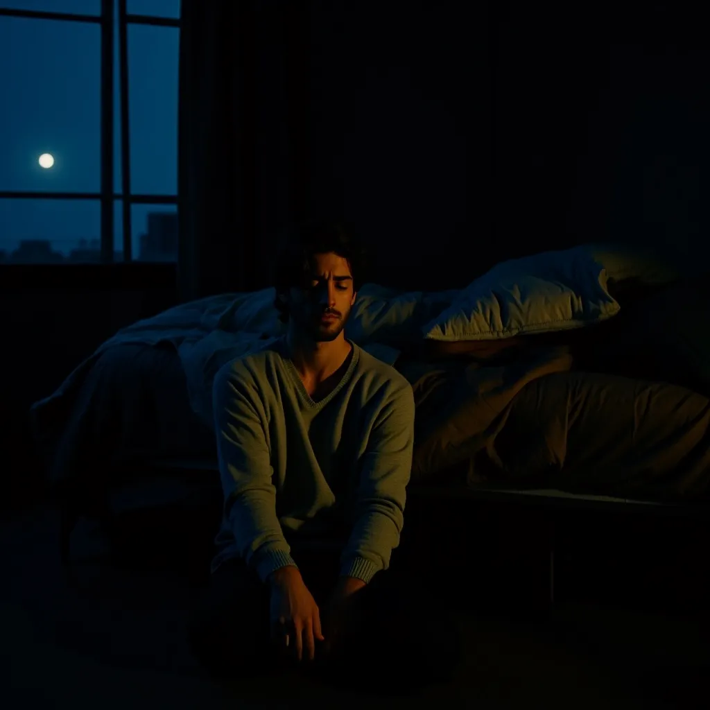 A man sitting alone on the floor beside a bed at night, head down, elbows on knees, moonlight from a window mixing with faint lamp glow