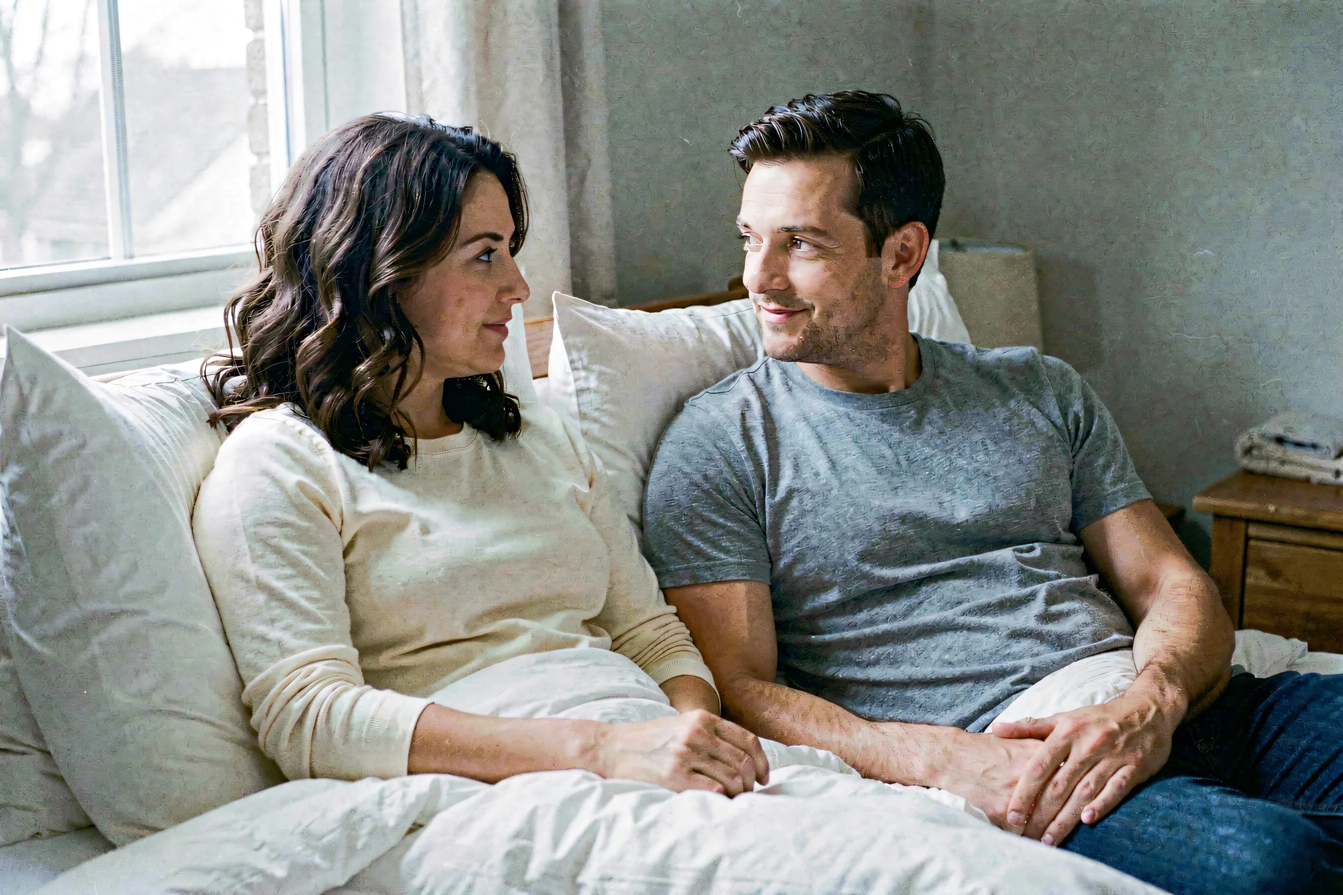 A woman with wavy dark brown hair and her male partner sitting propped against pillows on a bed, sharing a quiet conversation in soft afternoon light.