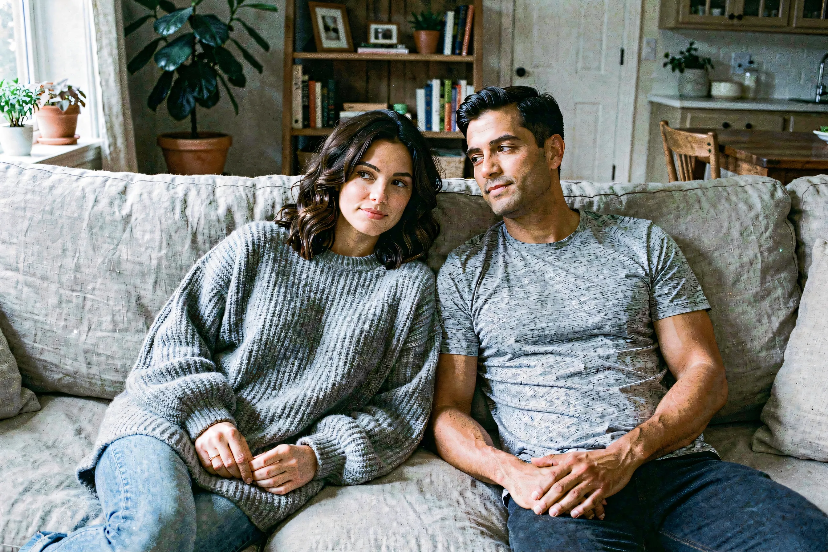 A woman in a gray knit sweater and her male partner resting comfortably on a living room sofa in morning light.