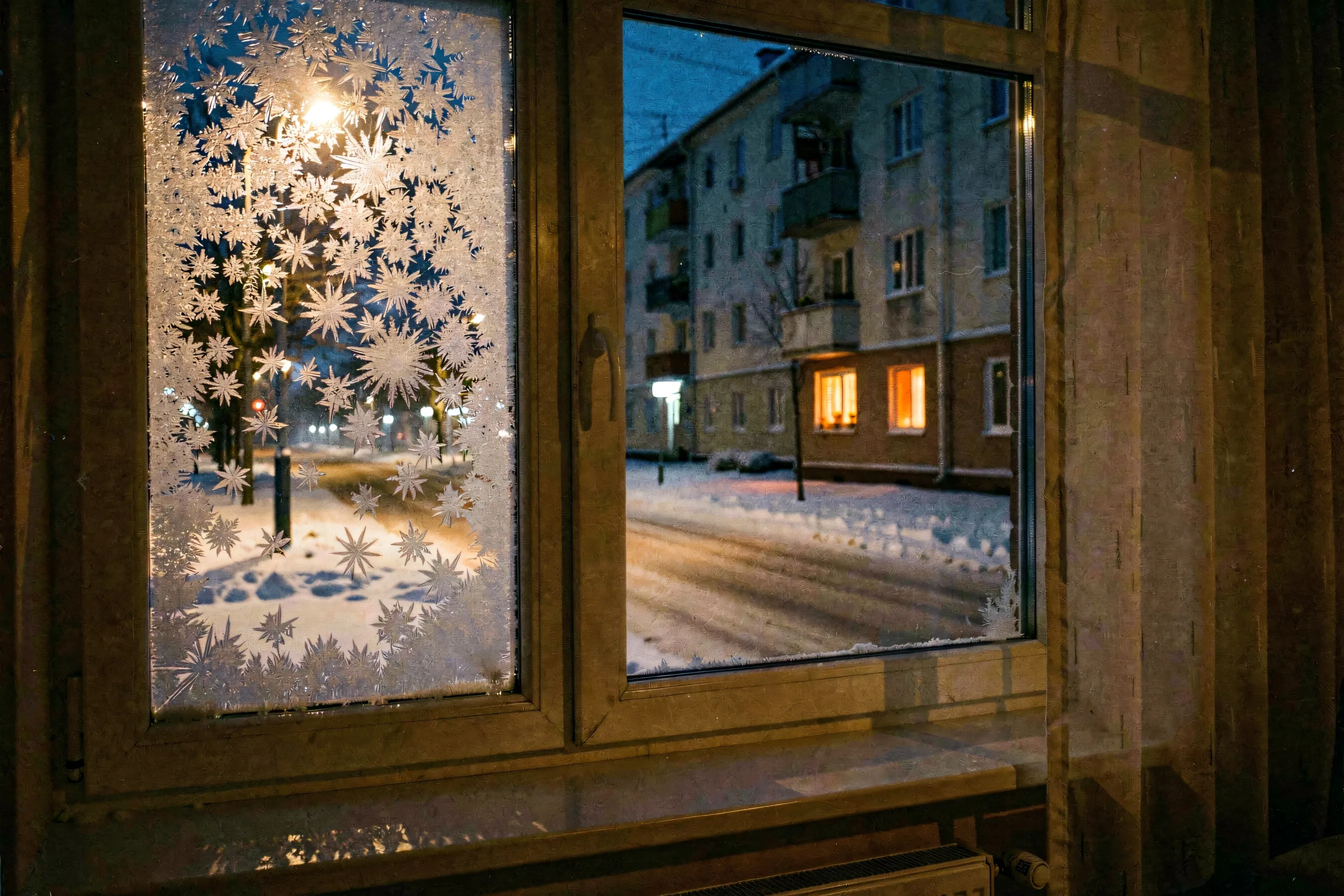 A quiet winter city street at night, frost on the windows, a distant warm light burning in one apartment