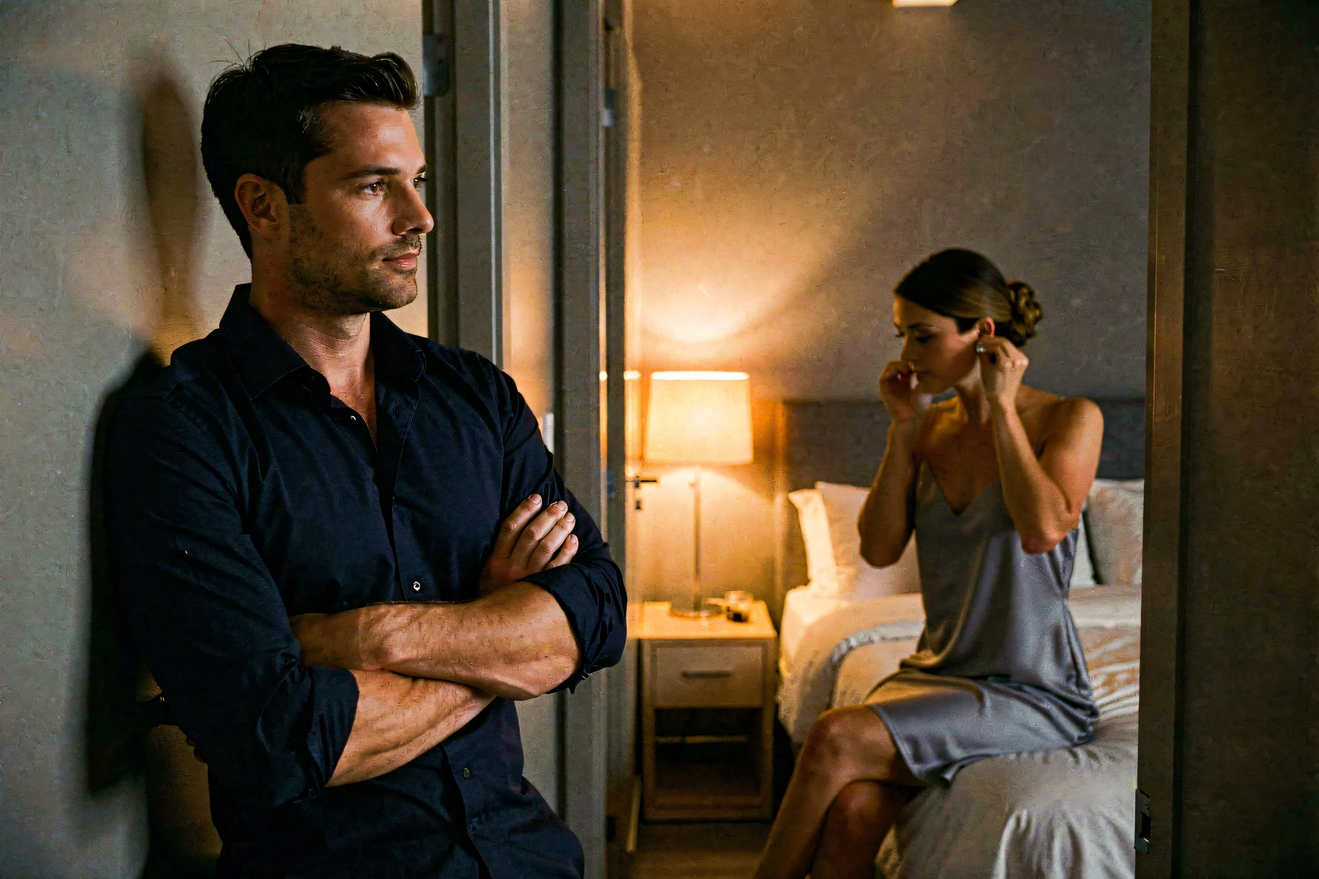 A man in a dark button-down shirt leaning against a bedroom doorway, watching a woman who is sitting on the edge of the bed