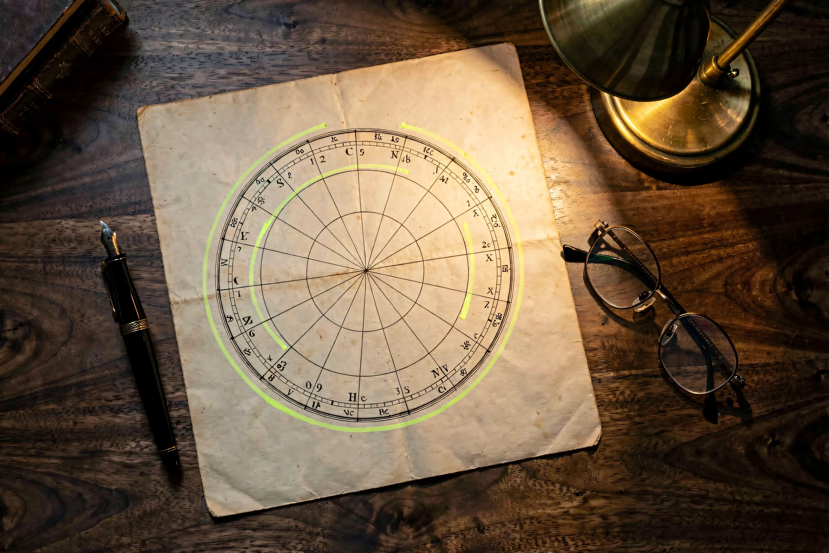 A printed natal birth chart wheel lying on a desk next to a smartphone displaying a planetary position listing