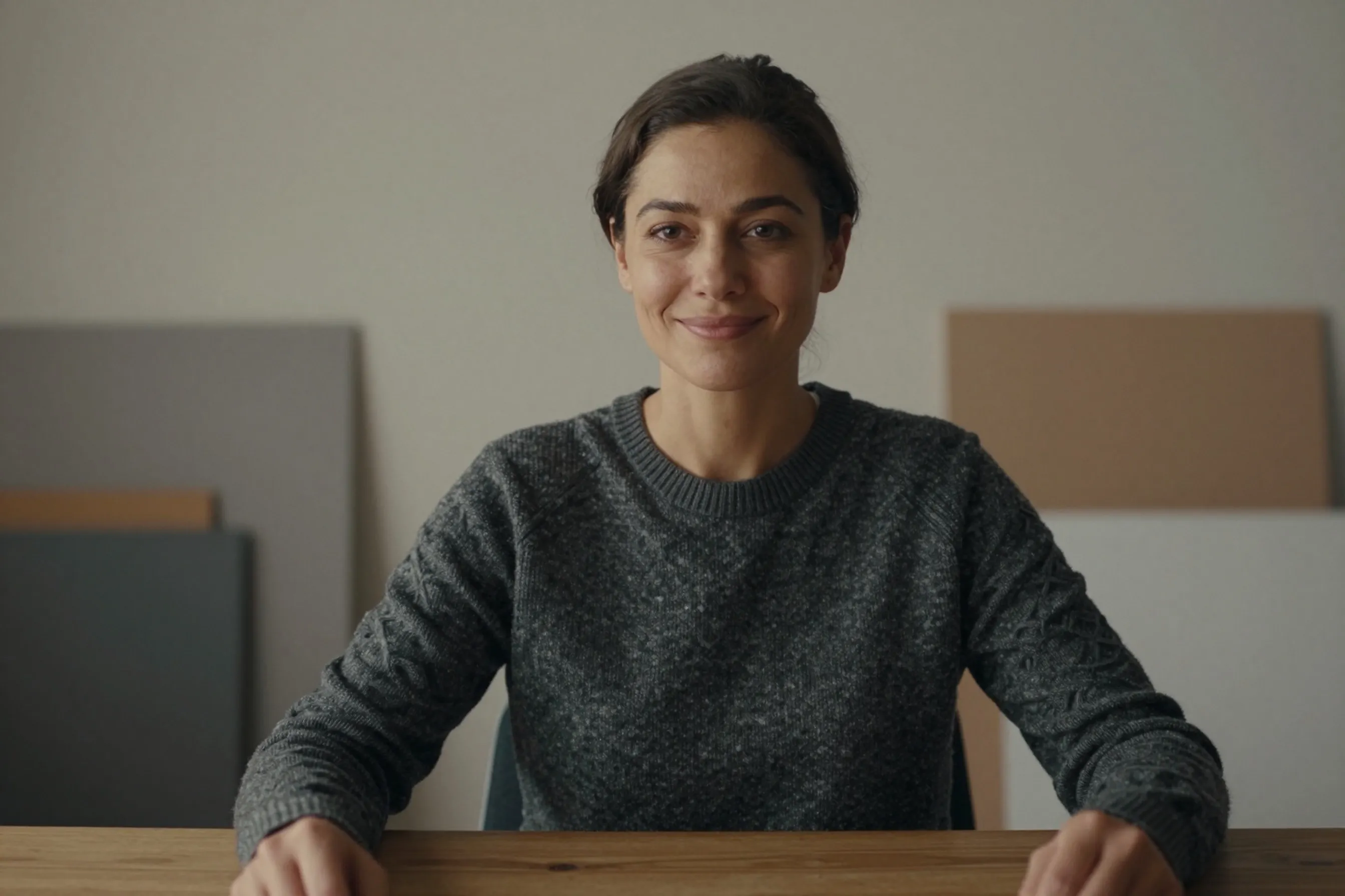 A woman in her early 30s sitting upright with relaxed shoulders at an oak table in a warmly lit architectural design studio.