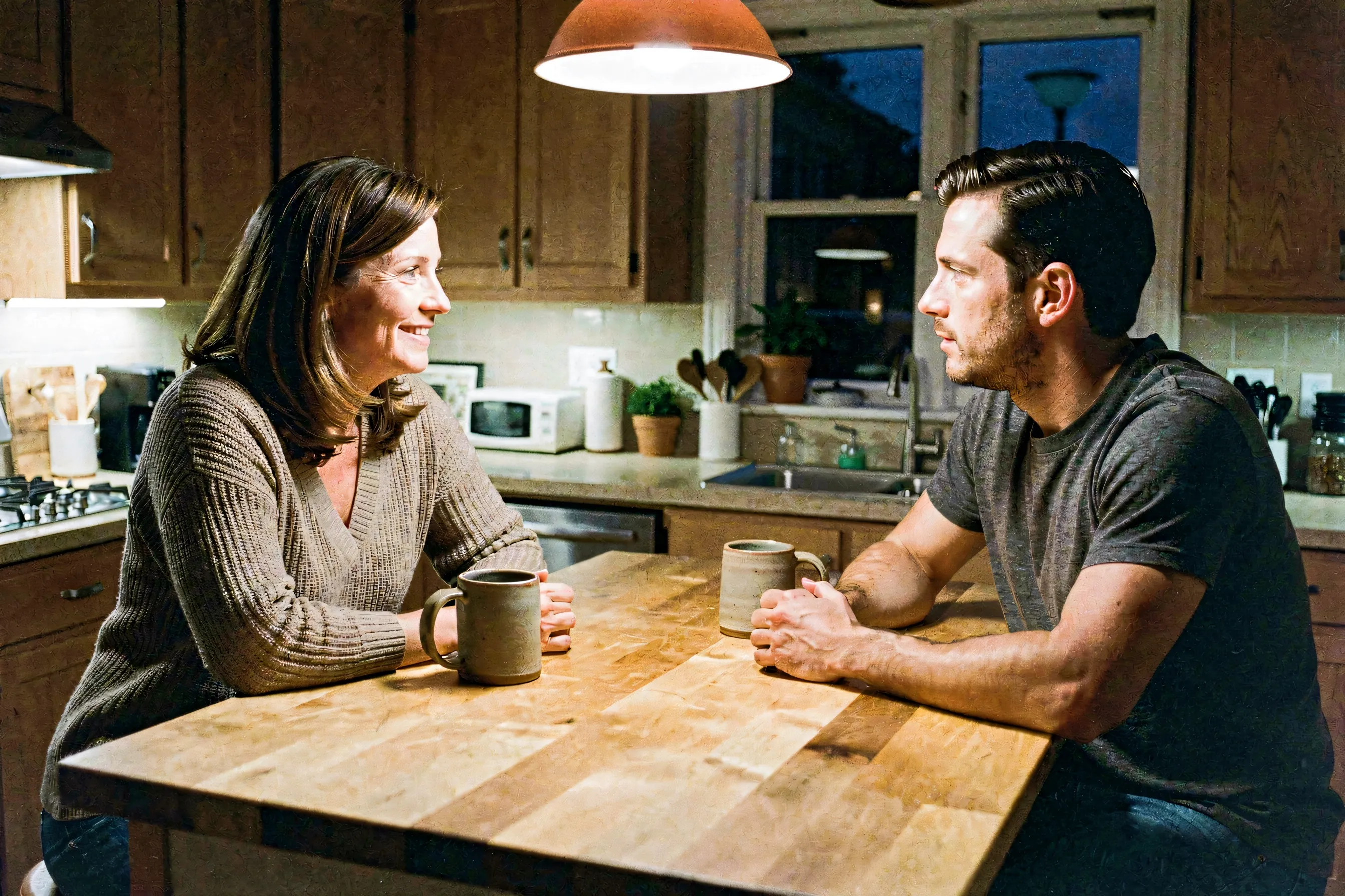 A woman and her male partner sitting across from each other at a kitchen island in warm evening light