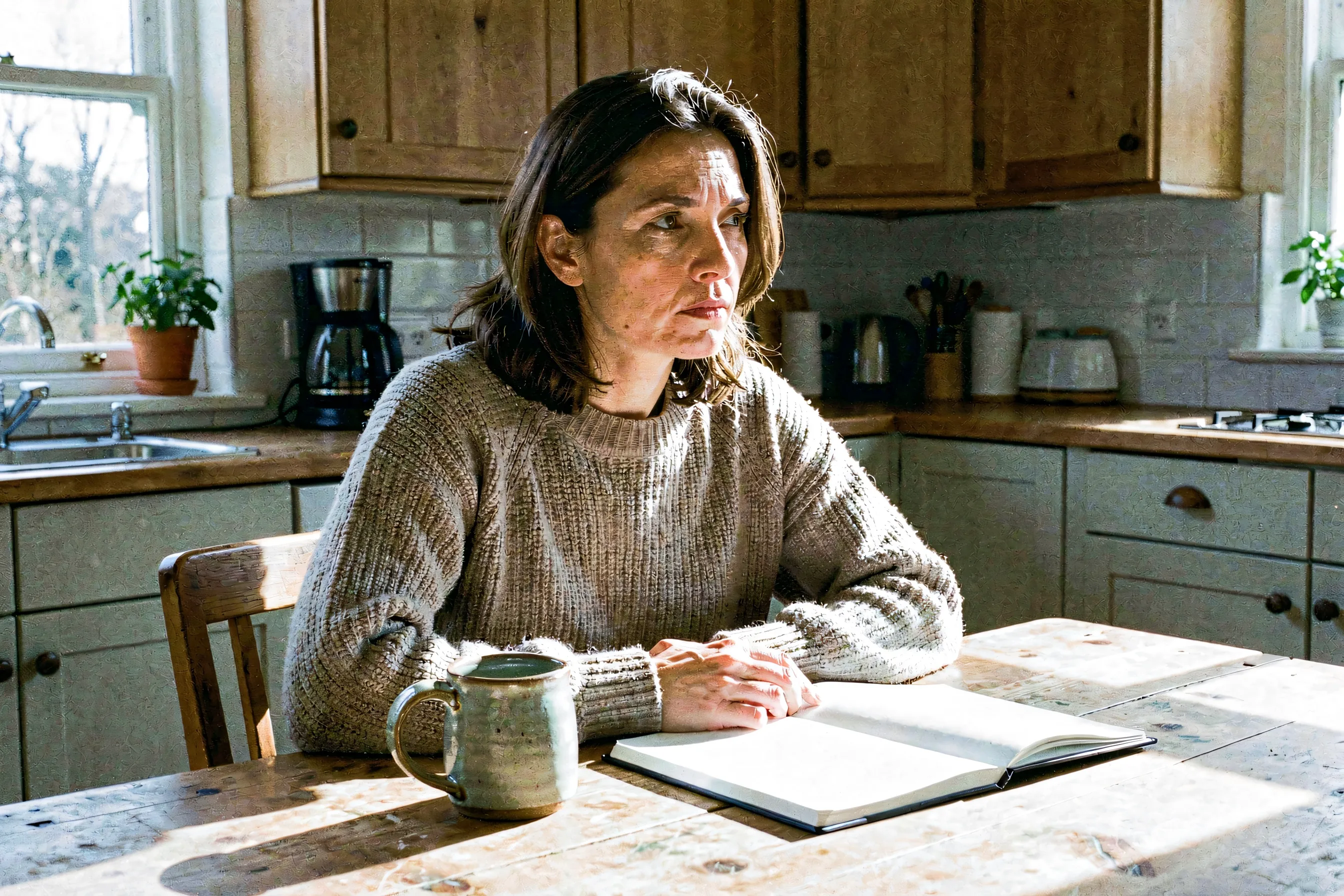 A woman seated at a sunlit wooden kitchen table with a ceramic mug and an open notebook