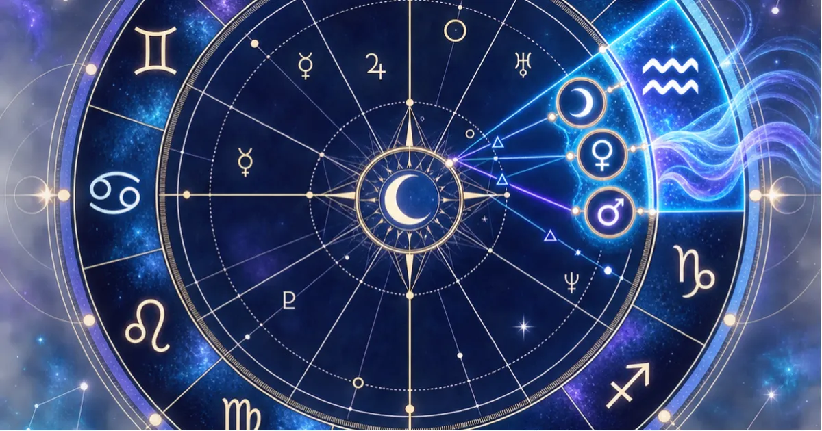 A natal chart wheel with Aquarius rising, key placements marked in gold