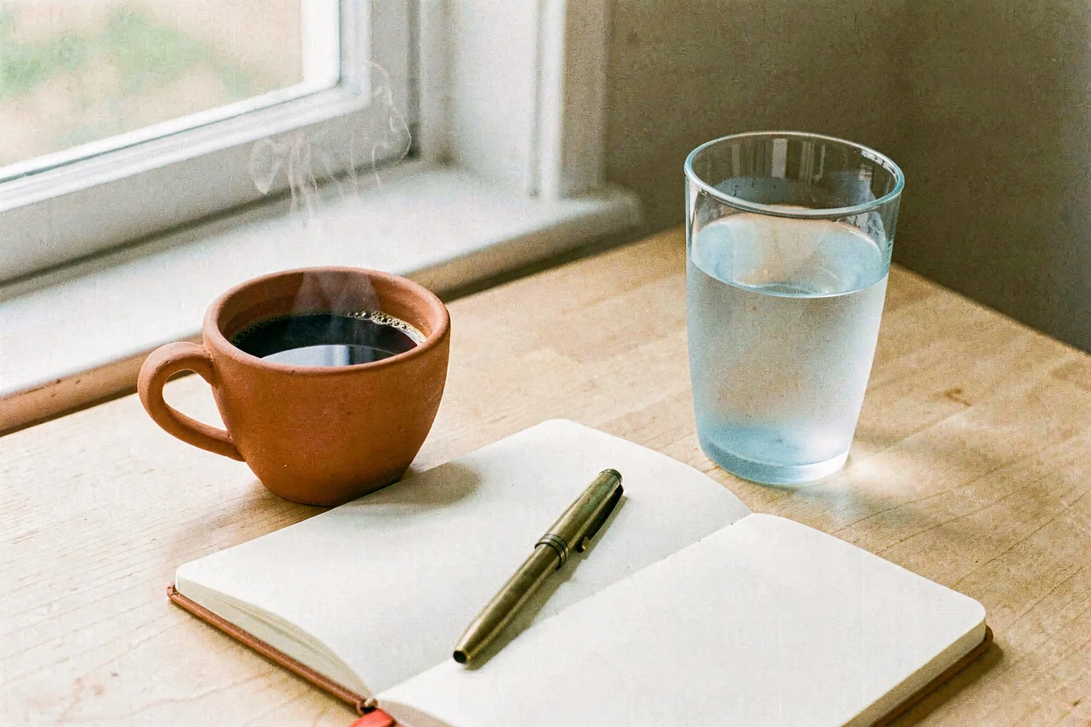 A bright still life on a wooden desk in morning light: a warm terracotta cup of dark coffee beside a cool glass of water, an open blank notebook with a brass pen, no text
