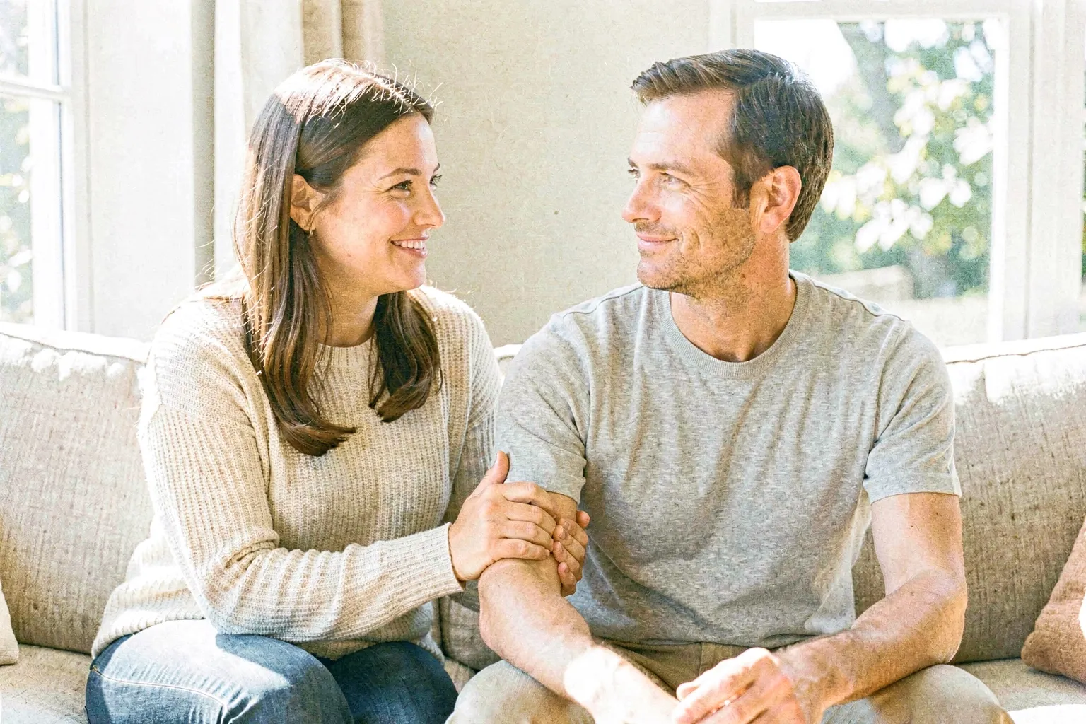 A woman on a bright sofa gently touching a man’s arm to catch his attention as he turns from a brief daydream toward her with a soft smile, daylight