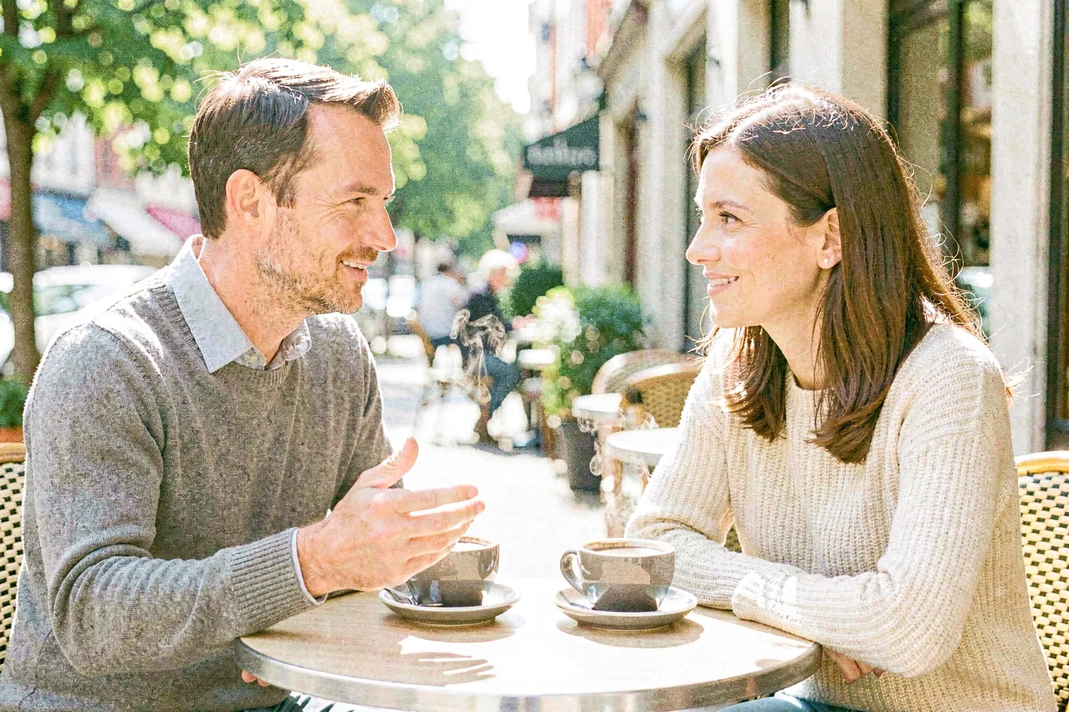 A man and a woman across a sunlit café table with coffee in easy warm conversation, relaxed with genuine soft smiles, the man gesturing lightly as he talks