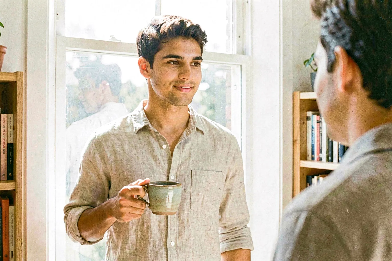 A man in a light linen shirt by a bright window, in easy talk with someone just beside him, a coffee cup in one hand, a warm, curious, thoughtful smile