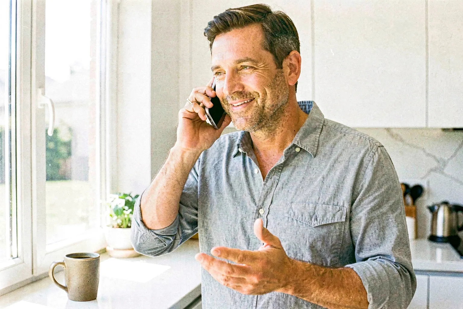 A man in a bright kitchen near a sunlit window, chatting warmly on the phone with an easy amused smile, an expressive free hand, morning light