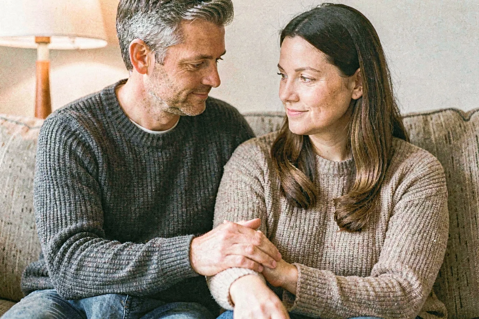 A gentle, tender moment between partners on a sofa in soft lamplight, one hand softly resting across the other’s wrist and forearm