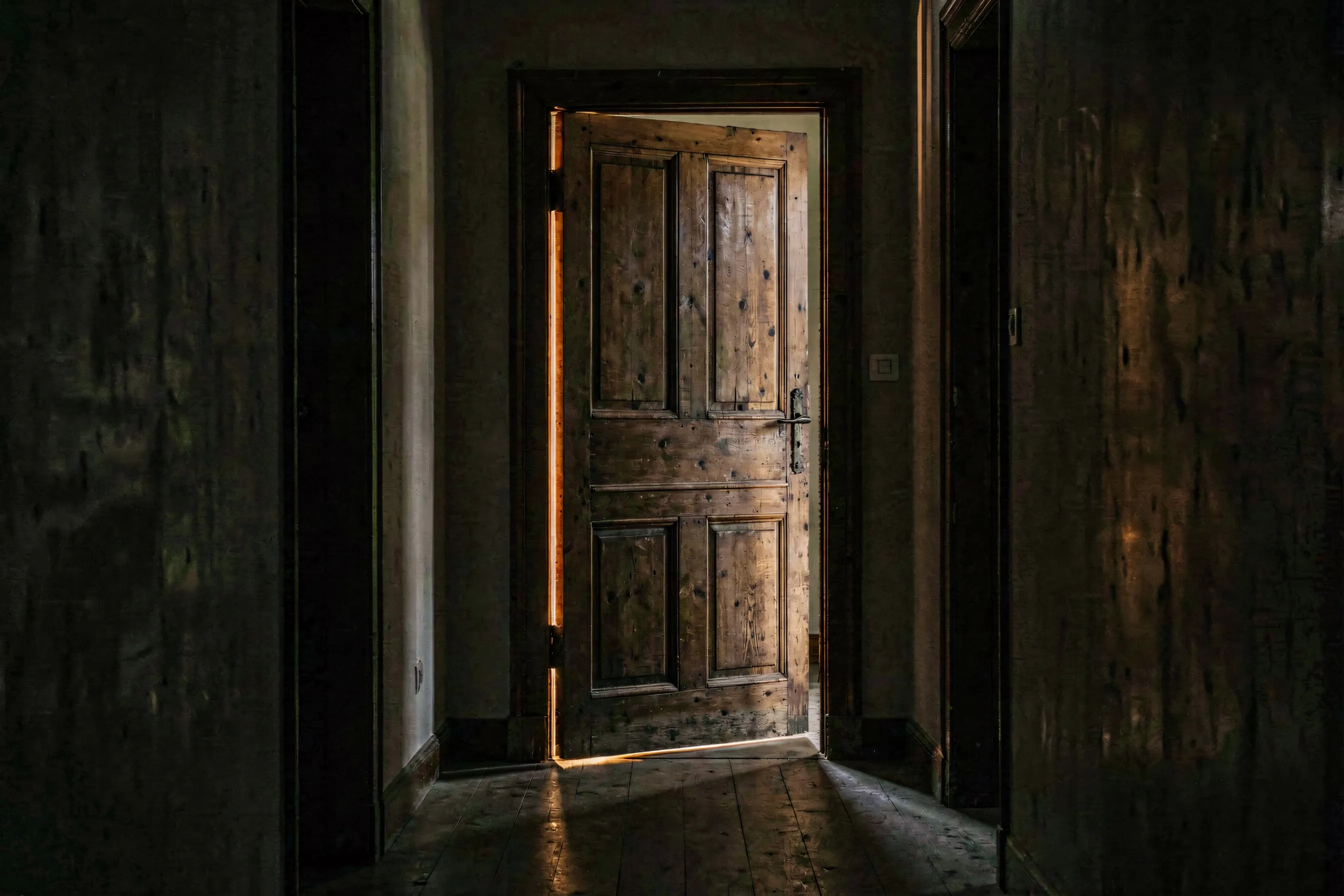 A heavy wooden door standing slightly ajar in a dark hallway, a thin line of light coming through the gap