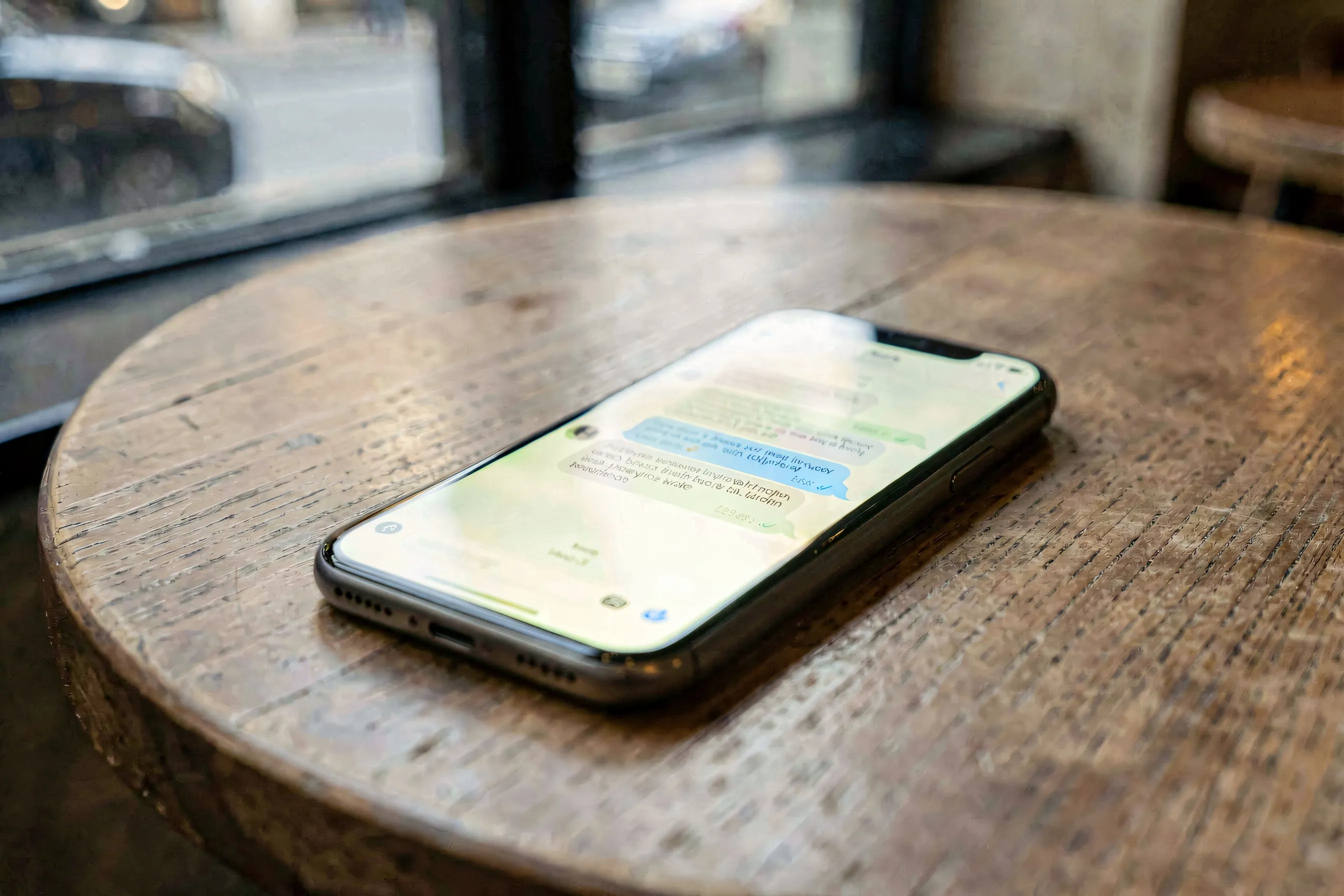 A smartphone lying face-up on a wooden café table, its screen glowing with a stack of unread message bubbles
