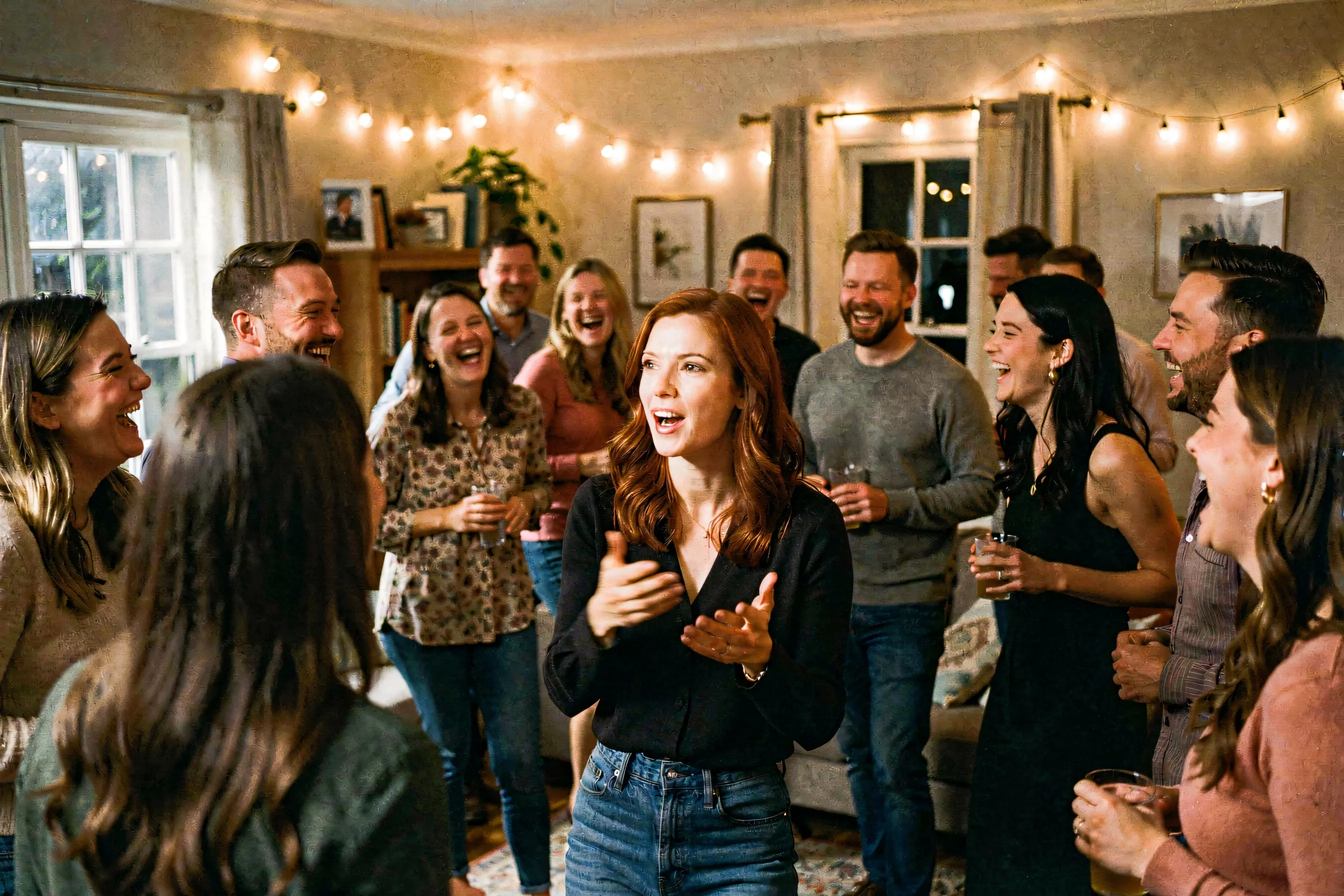A crowded party where one woman holds the room’s attention mid-story while her friend moves easily through the edges of the crowd, talking to everyone