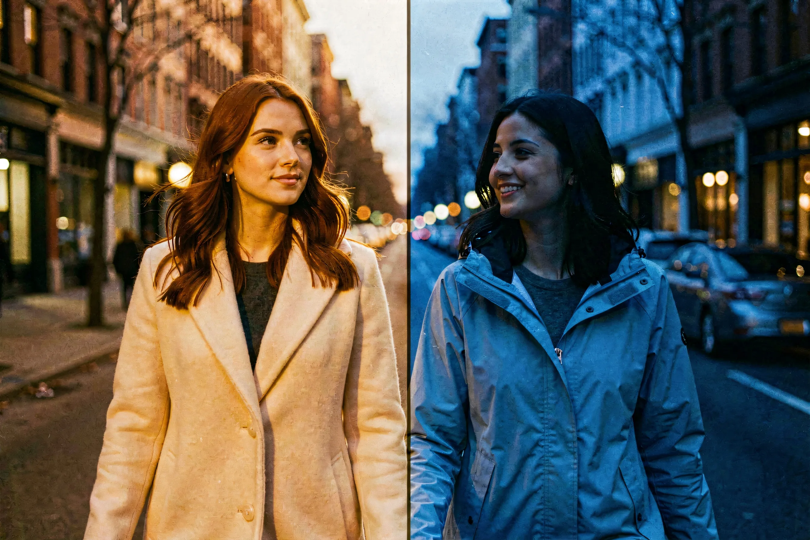 Two friends walking side by side down a city street at dusk, one bathed in warm golden light, the other in cool blue light, the boundary between the two tones running between them
