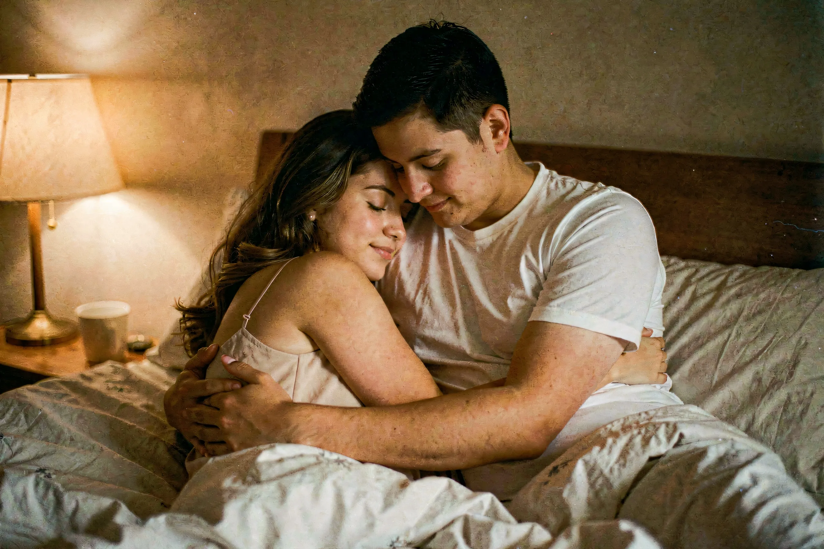 A couple holding each other closely, warm lamp light, tender expressions