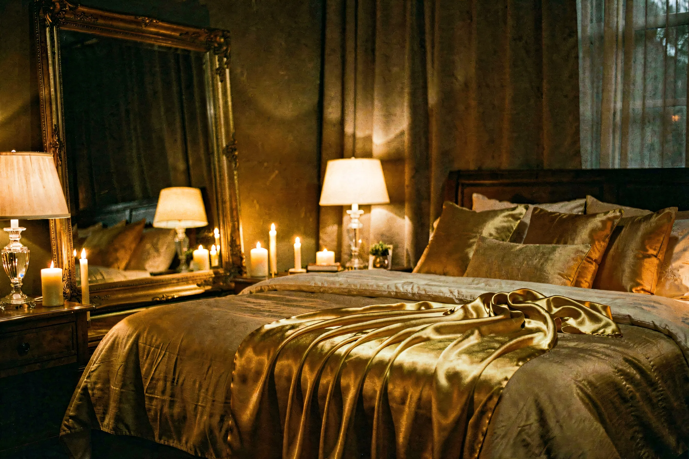 A moody bedroom arranged like a set: warm lamps, candles, a mirror, silk throws on the bed