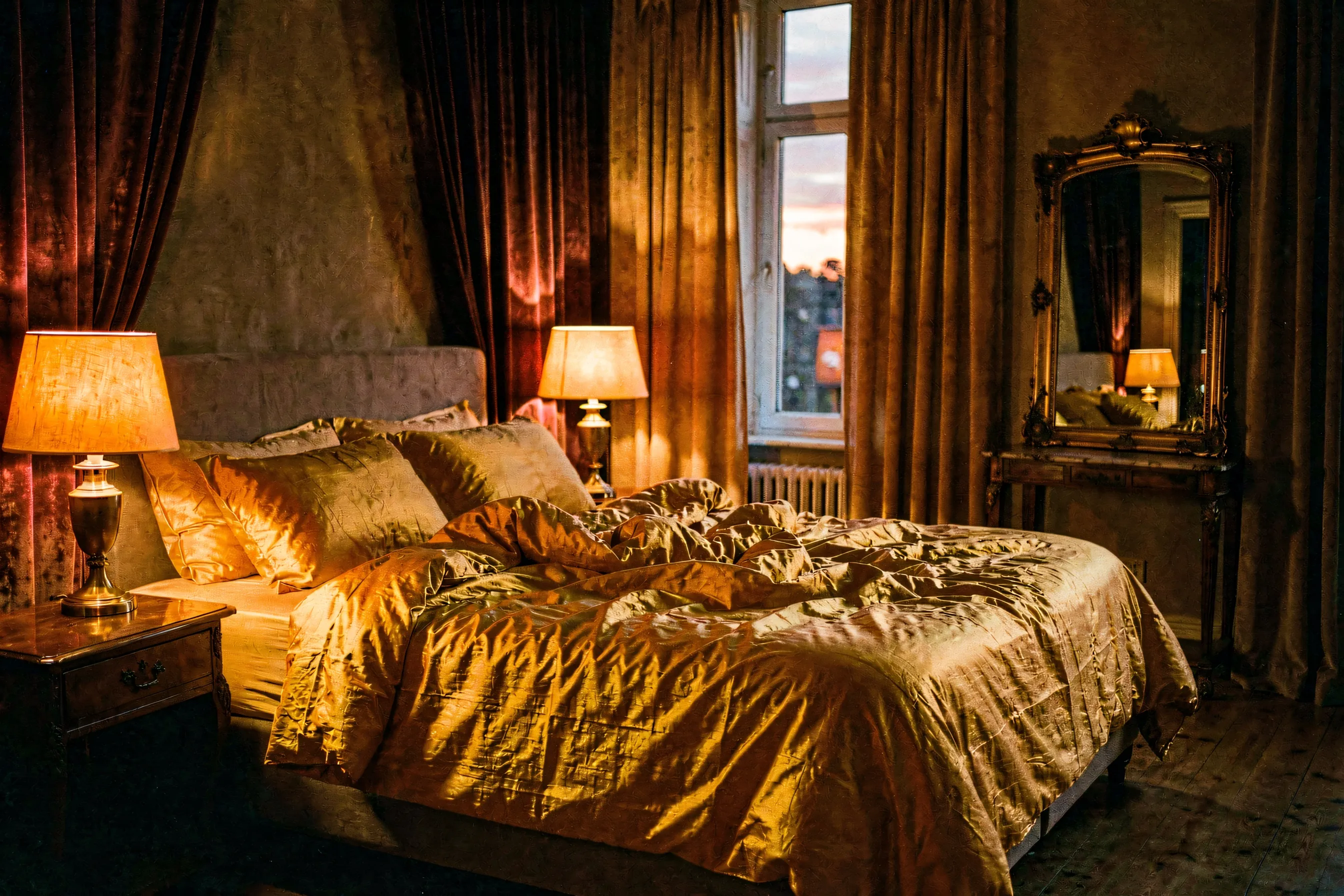 A dramatic warm-lit bedroom with a large bed, golden lamp glow, and stage-like styling at dusk