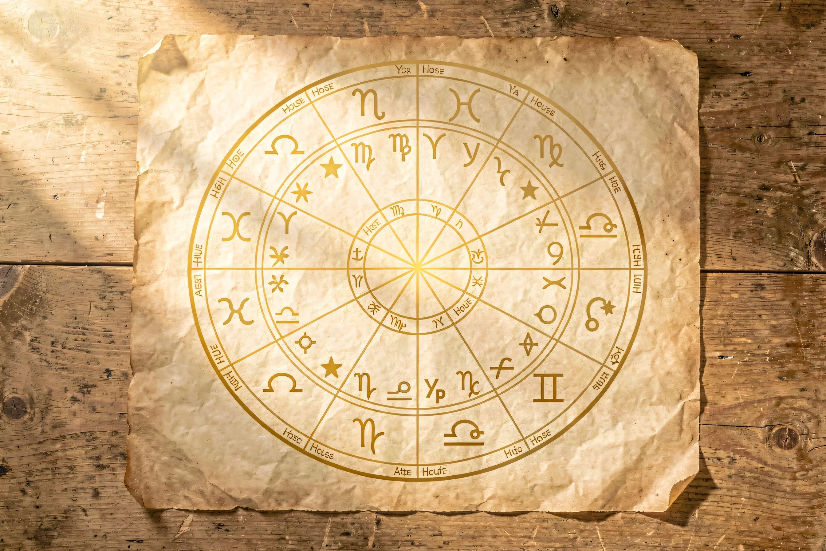 A clean zodiac birth chart wheel with the twelve signs, houses, and ASC, DSC, MC, and IC axes on a table