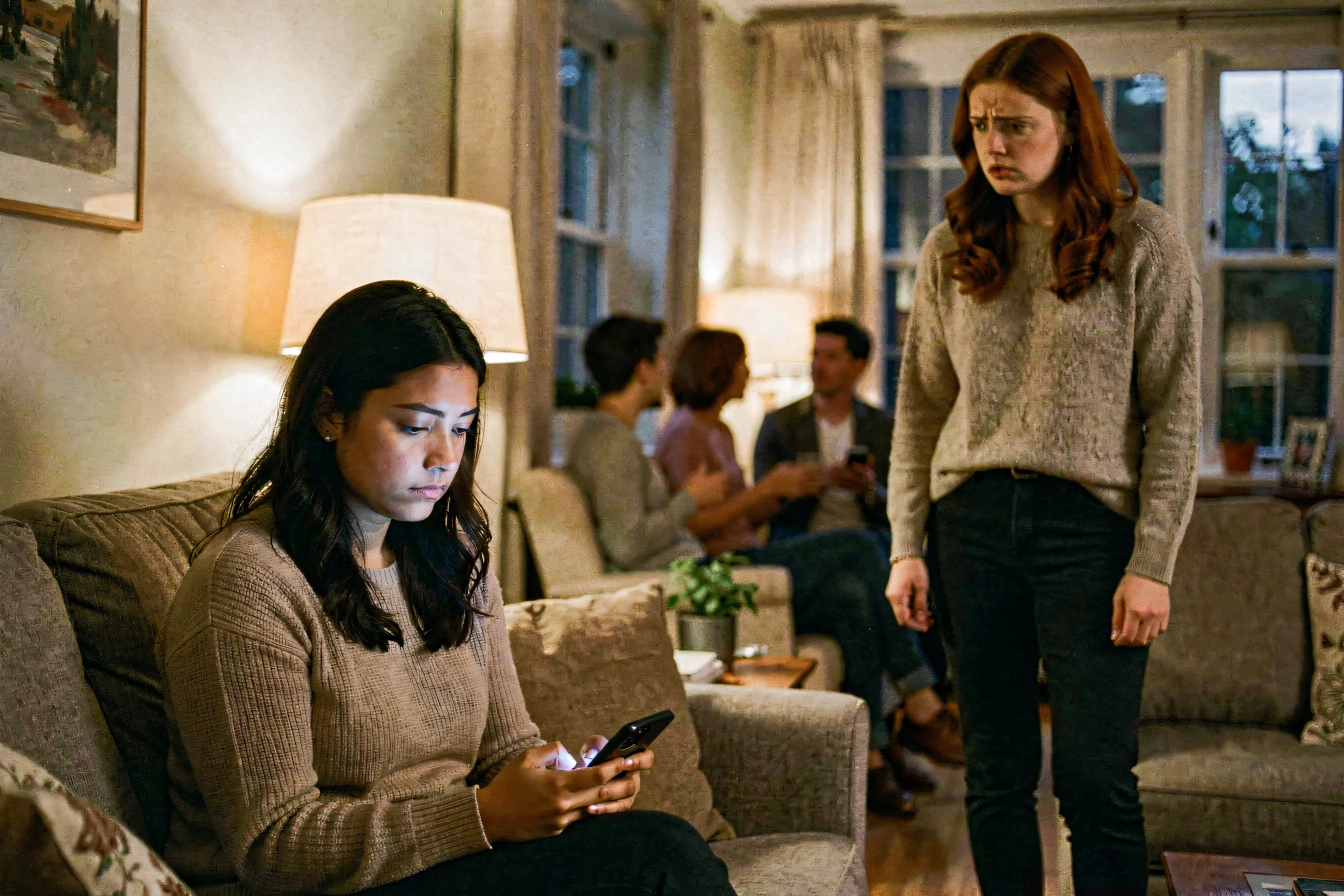 At a small gathering, one friend sits apart on a couch scrolling a phone with a distant expression while another friend stands a few steps away, watching them with a hesitant look