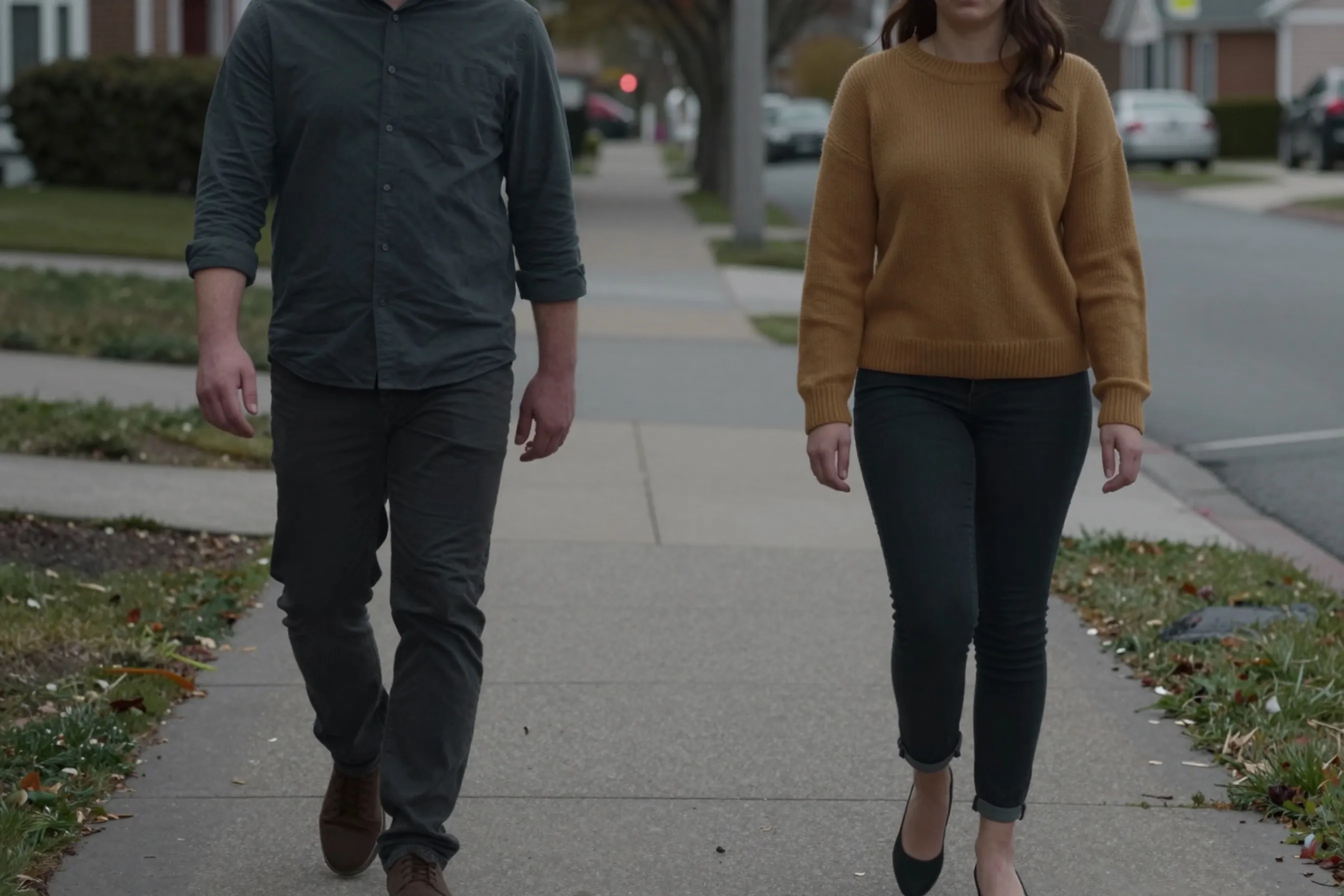 A 32-year-old man in a charcoal buttoned shirt and a 30-year-old woman wearing an ochre knit top walking down a suburban street at twilight with arms resting at their sides.