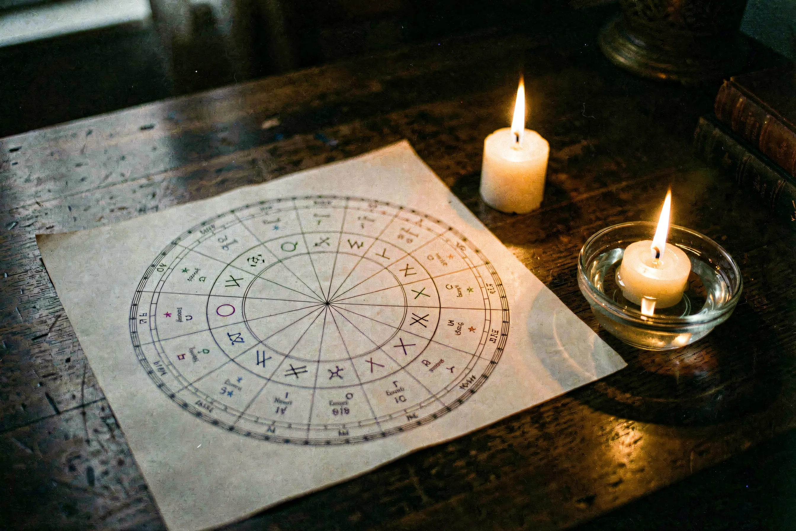 A natal chart wheel on aged paper lying on a dark wooden desk beside candles and a bowl of water