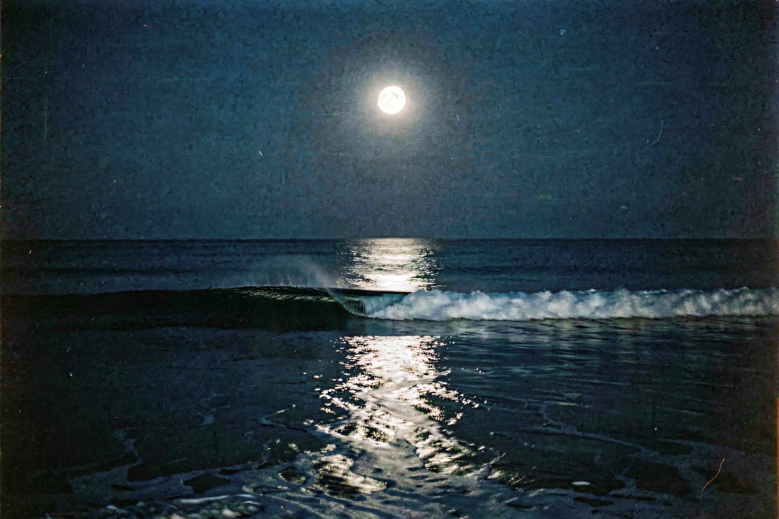 A night sea under a full moon, a wave rolling in with glowing foam