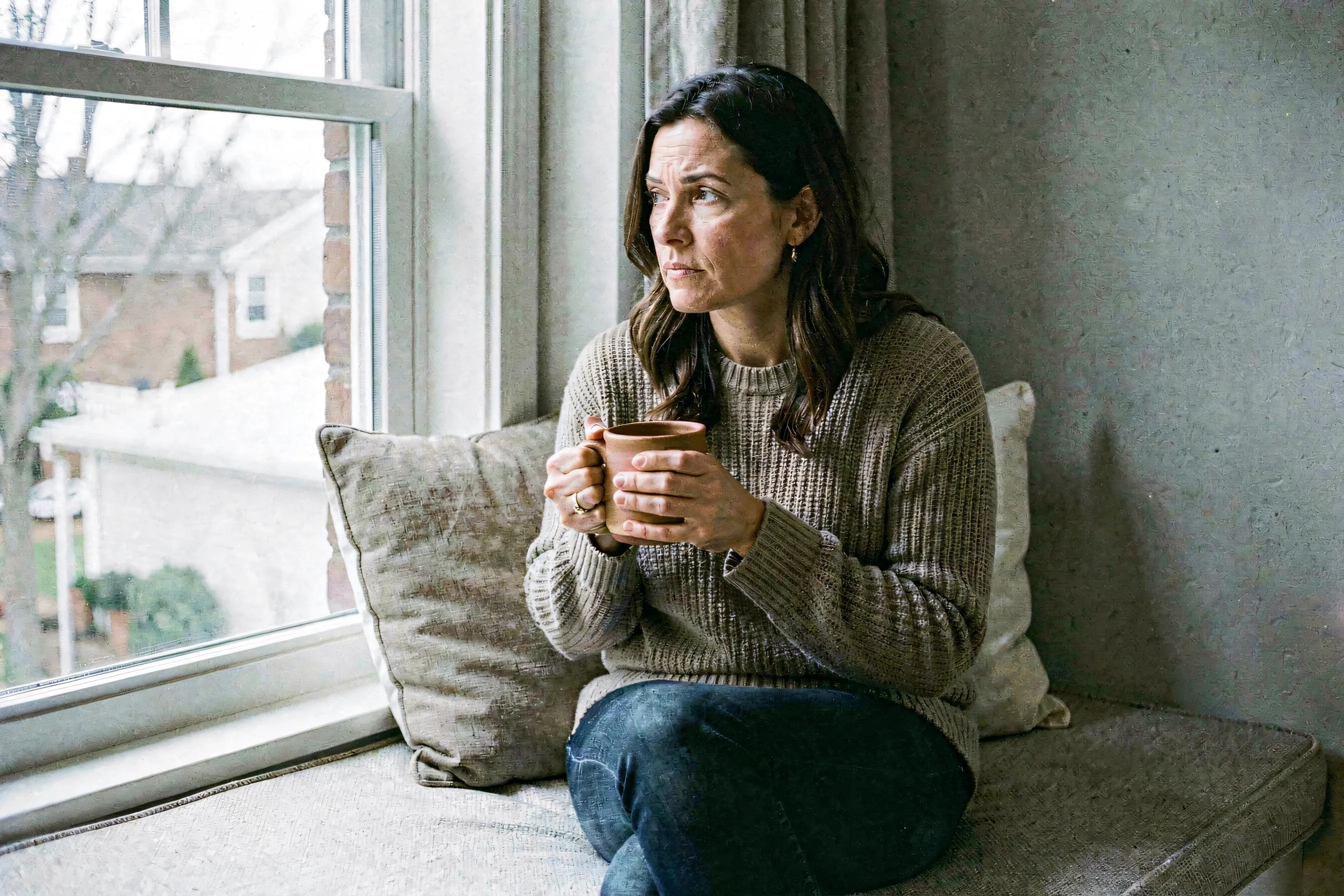 A thoughtful woman sitting on the edge of an unmade bed in soft morning light, looking pensively out a window