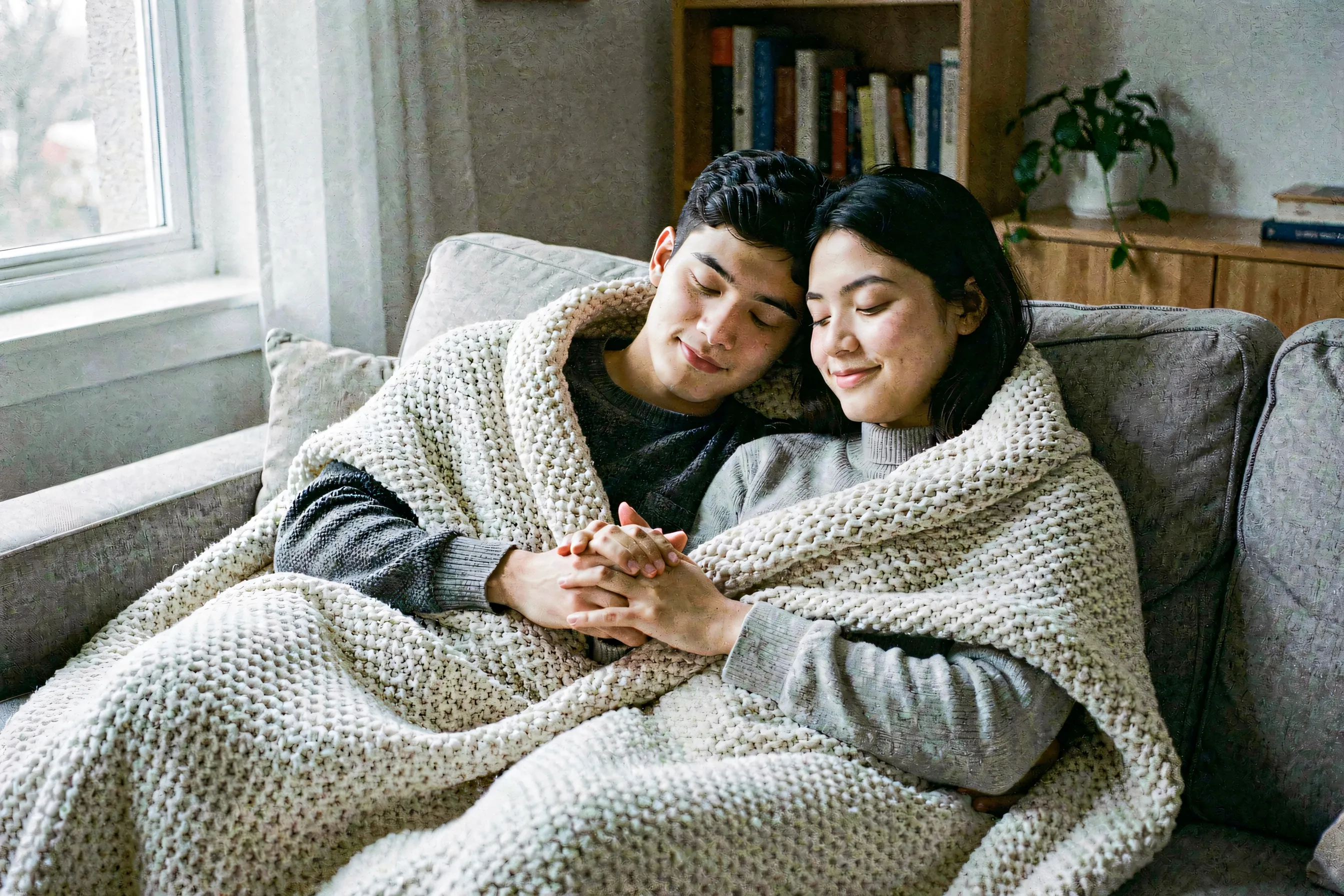 A couple resting closely together wrapped under soft blankets in gentle morning light, holding hands peacefully