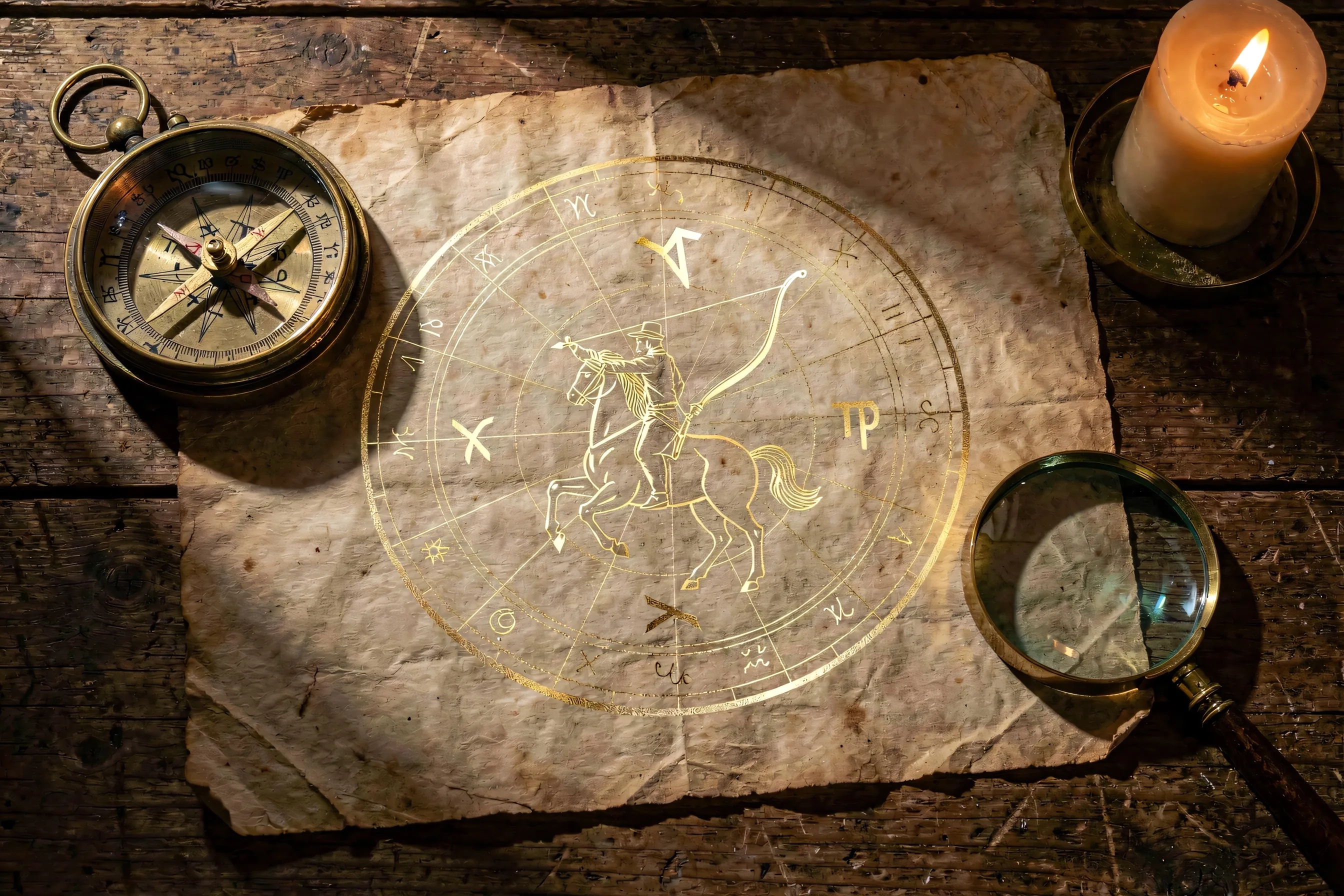 A natal chart wheel with Sagittarius rising, Venus and Mars placements highlighted in gold