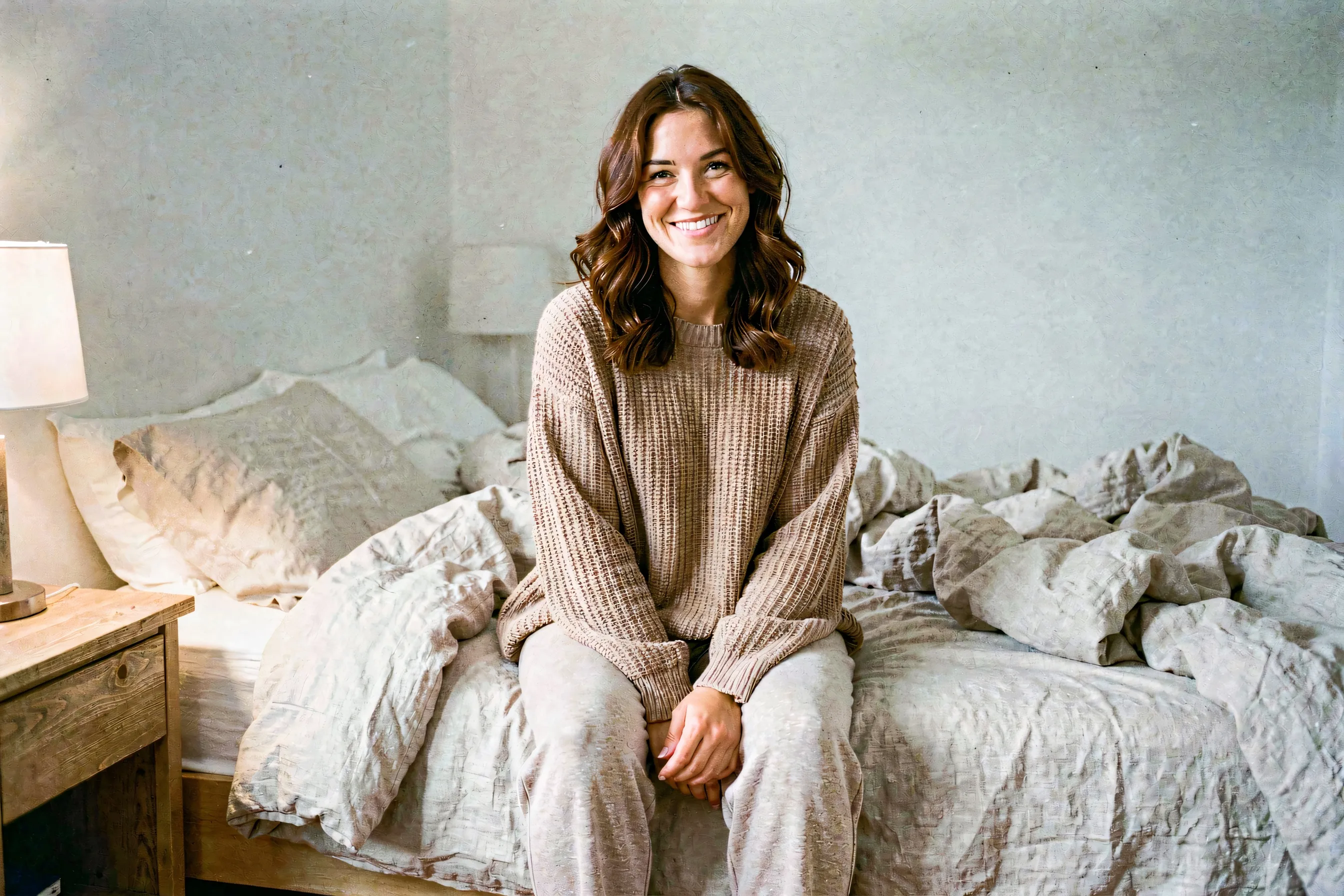 A woman in casual loungewear sitting comfortably on an unmade bed in warm amber lamplight with a soft genuine smile.