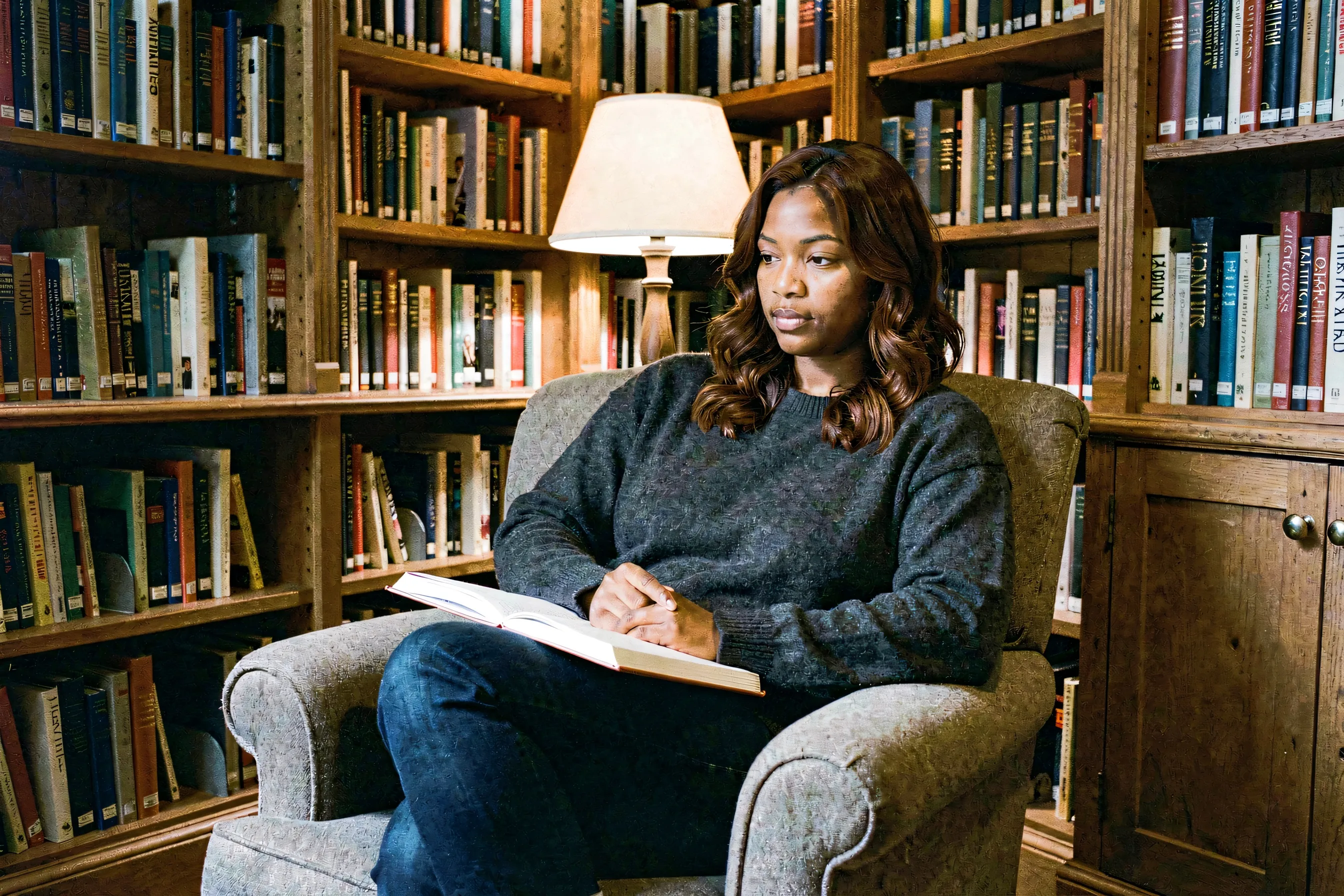 A woman in a charcoal sweater sitting curled in an armchair in a library reading corner with a notebook in soft lamplight.