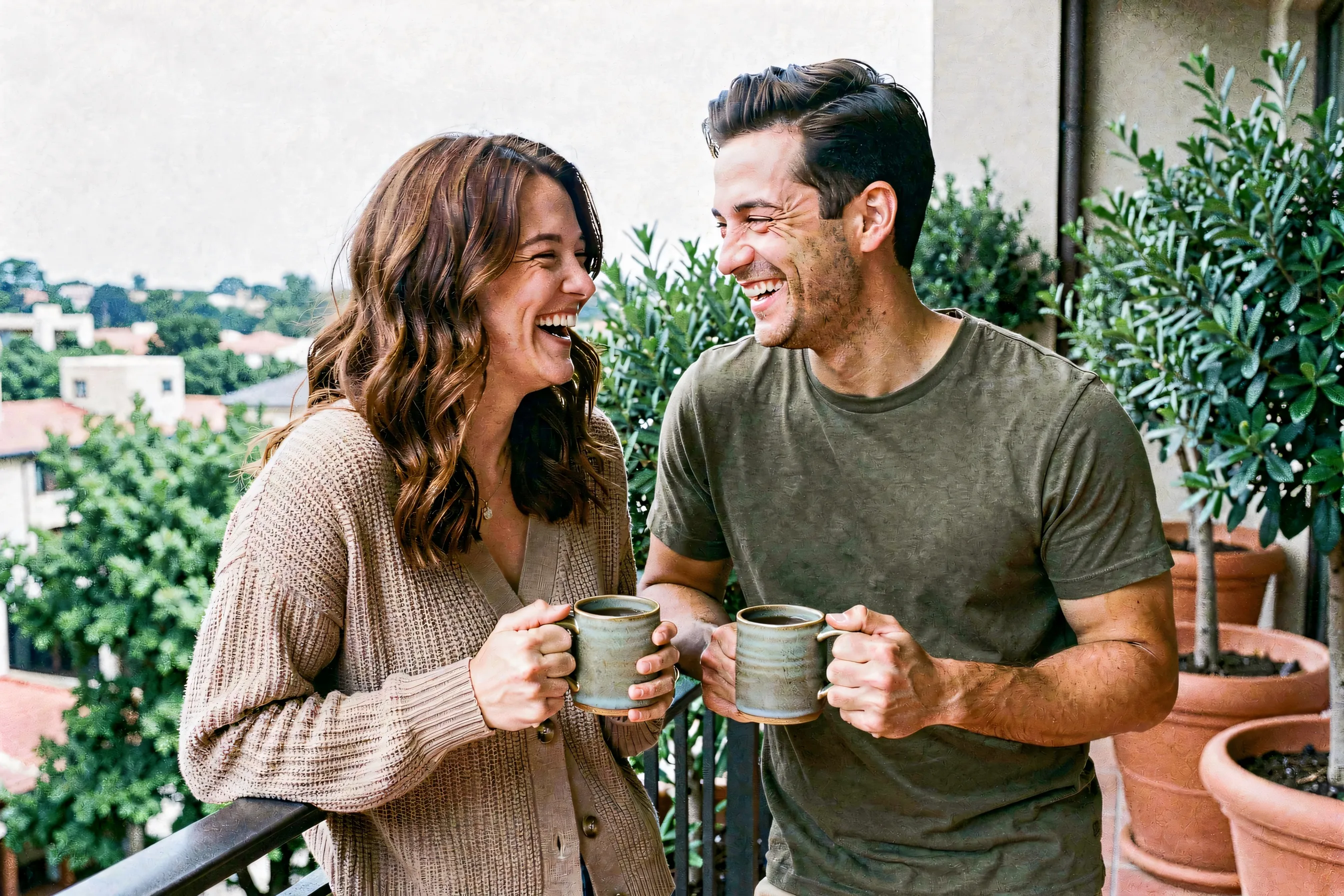 A woman with wavy chestnut hair and her male partner leaning against an outdoor terrace railing in morning daylight, holding coffee mugs and sharing warm laughter.