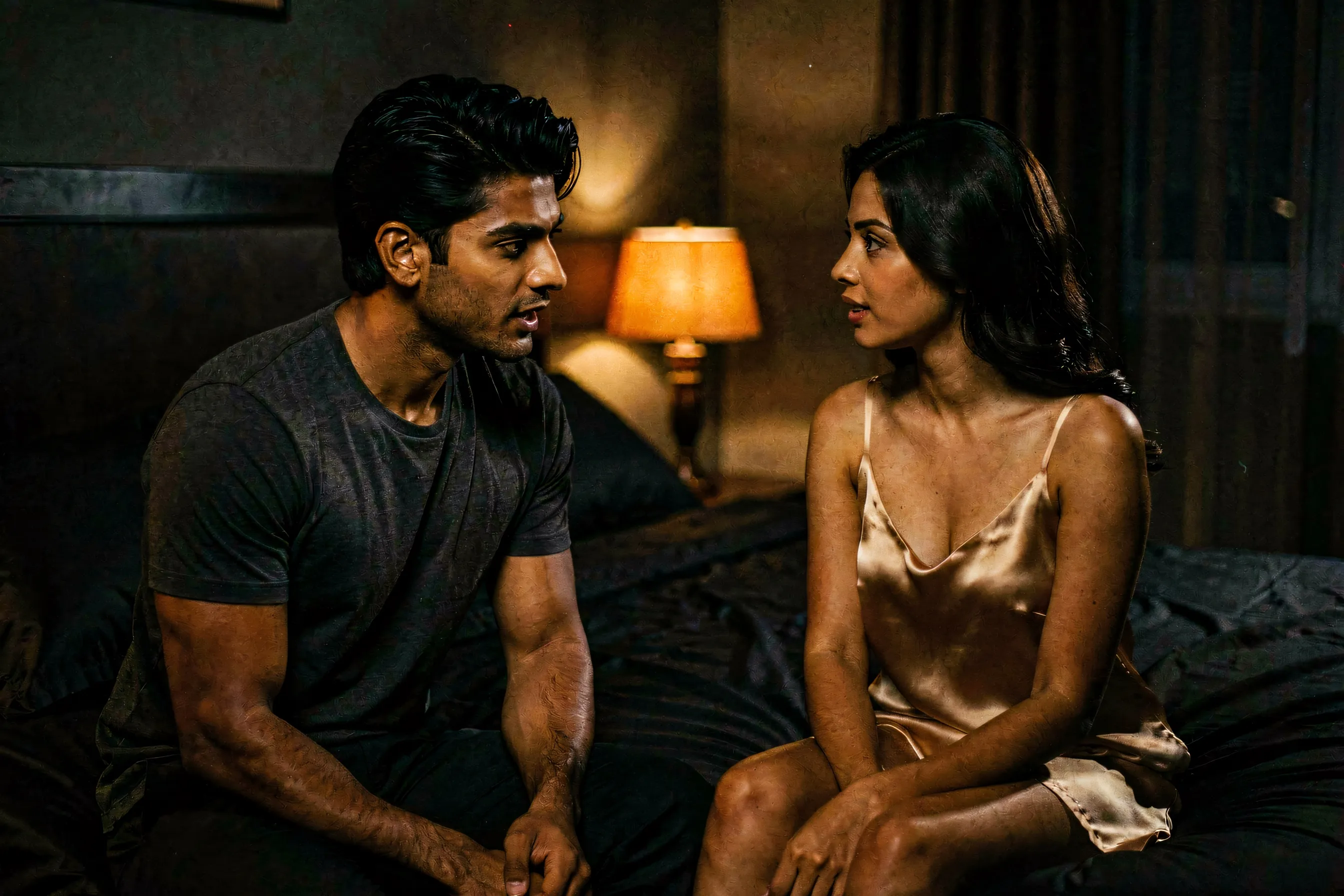 A Scorpio man and his partner in a dimly lit, atmospheric bedroom