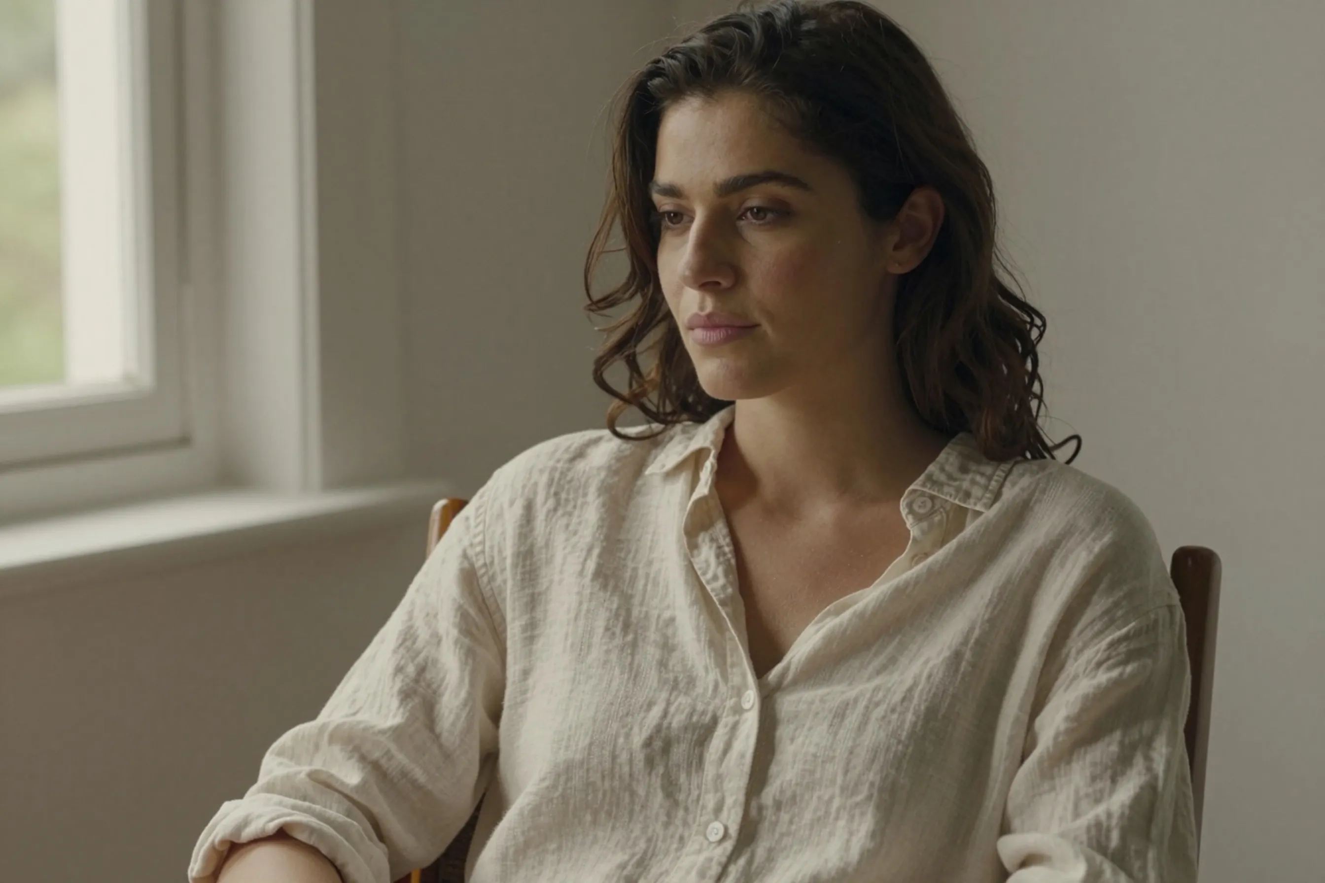 A woman in her late 20s sitting near a sunlit window