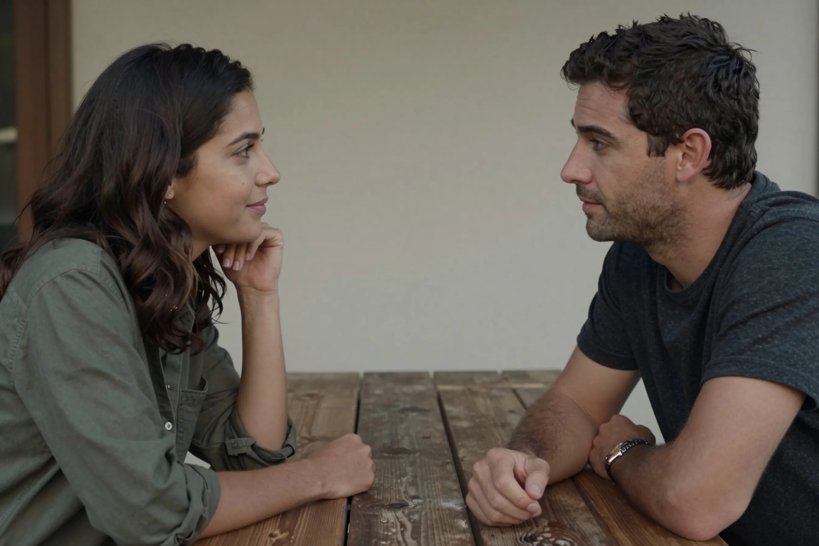 A woman and a man in their late 20s having a quiet conversation across a wooden table