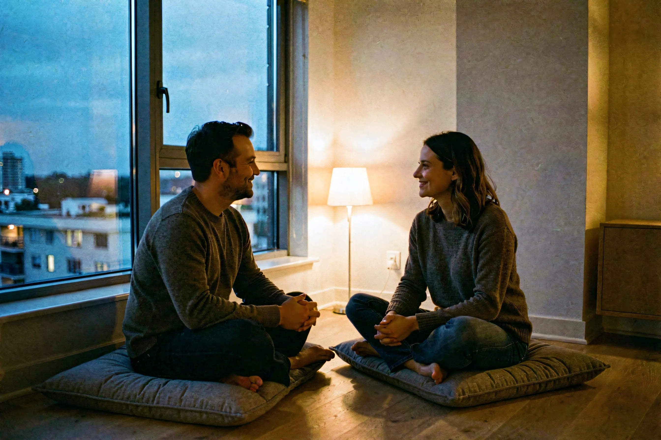 A relaxed couple sitting by a window and speaking openly after an intimate evening