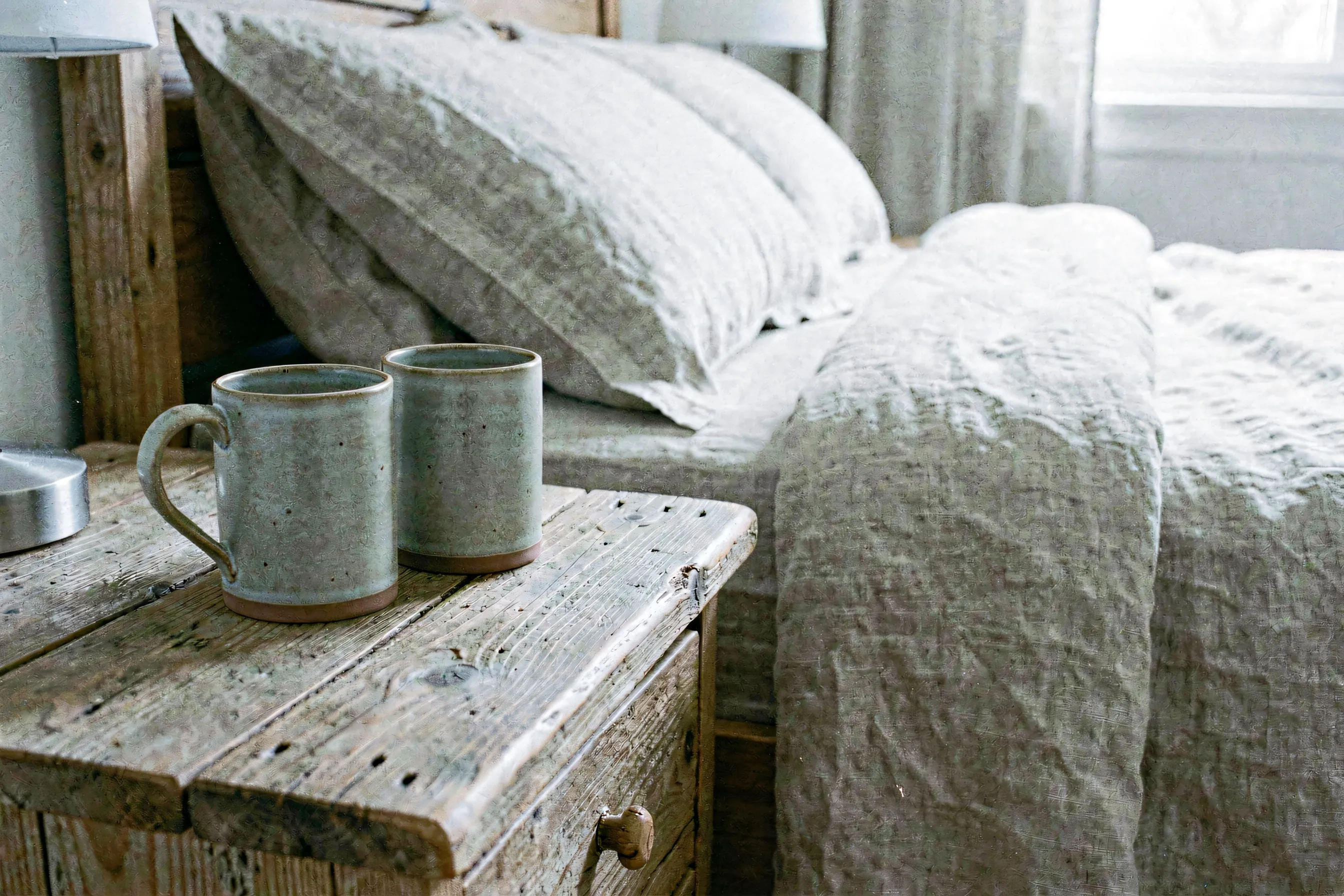 Two ceramic coffee mugs resting on a wooden nightstand in soft morning daylight.